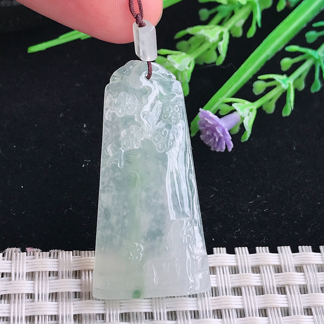 实拍A货翡翠41.5/21/5.3老坑冰透起胶冰晴梅花牌吊坠翡翠玉牌