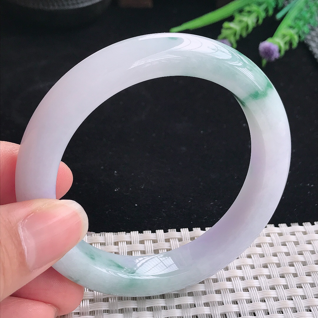 实拍A货翡翠57.8/11.8/9.5老坑精美温润紫罗兰飘花手镯翡翠宽边玉镯平安镯