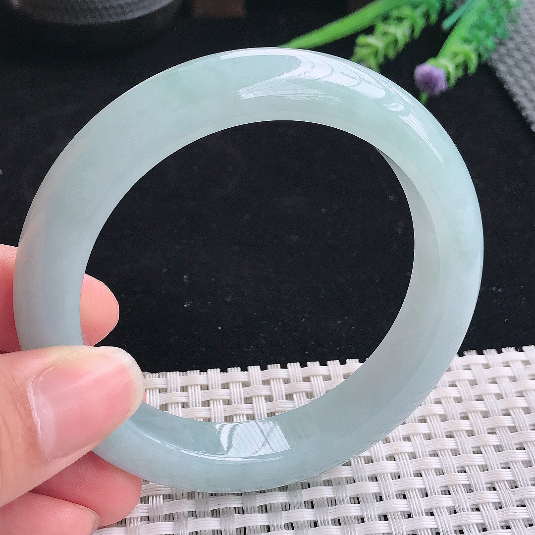 实拍A货翡翠59/12.5/9.3老坑冰润起胶冰晴手镯翡翠宽边玉镯平安镯