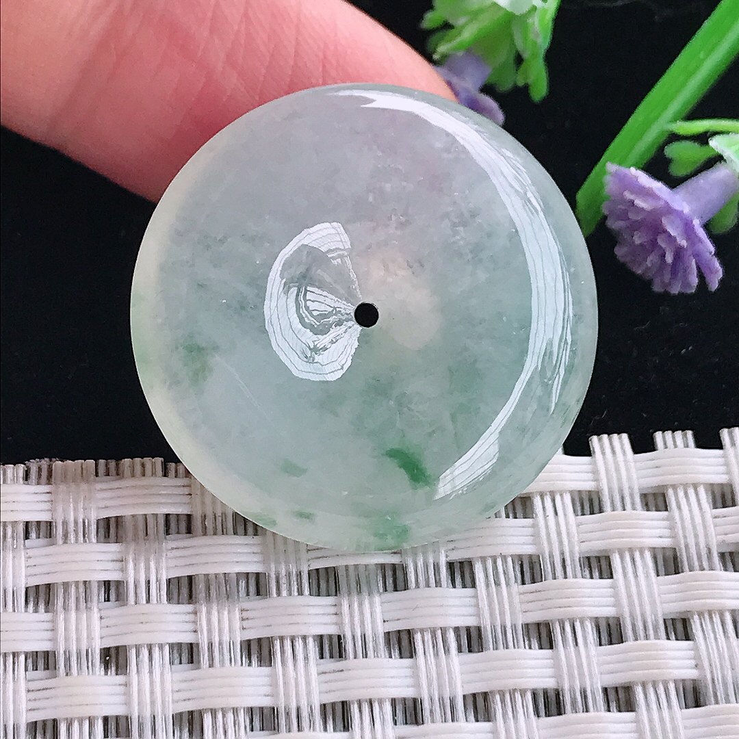 实拍A货翡翠28/6.2老坑冰胶水灵冰飘花平安扣吊坠翡翠玉扣挂件