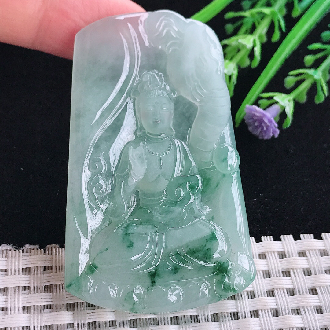 实拍A货翡翠61.5/39/6.6老坑冰胶果冻冰飘花普贤菩萨吊坠翡翠玉牌守护神