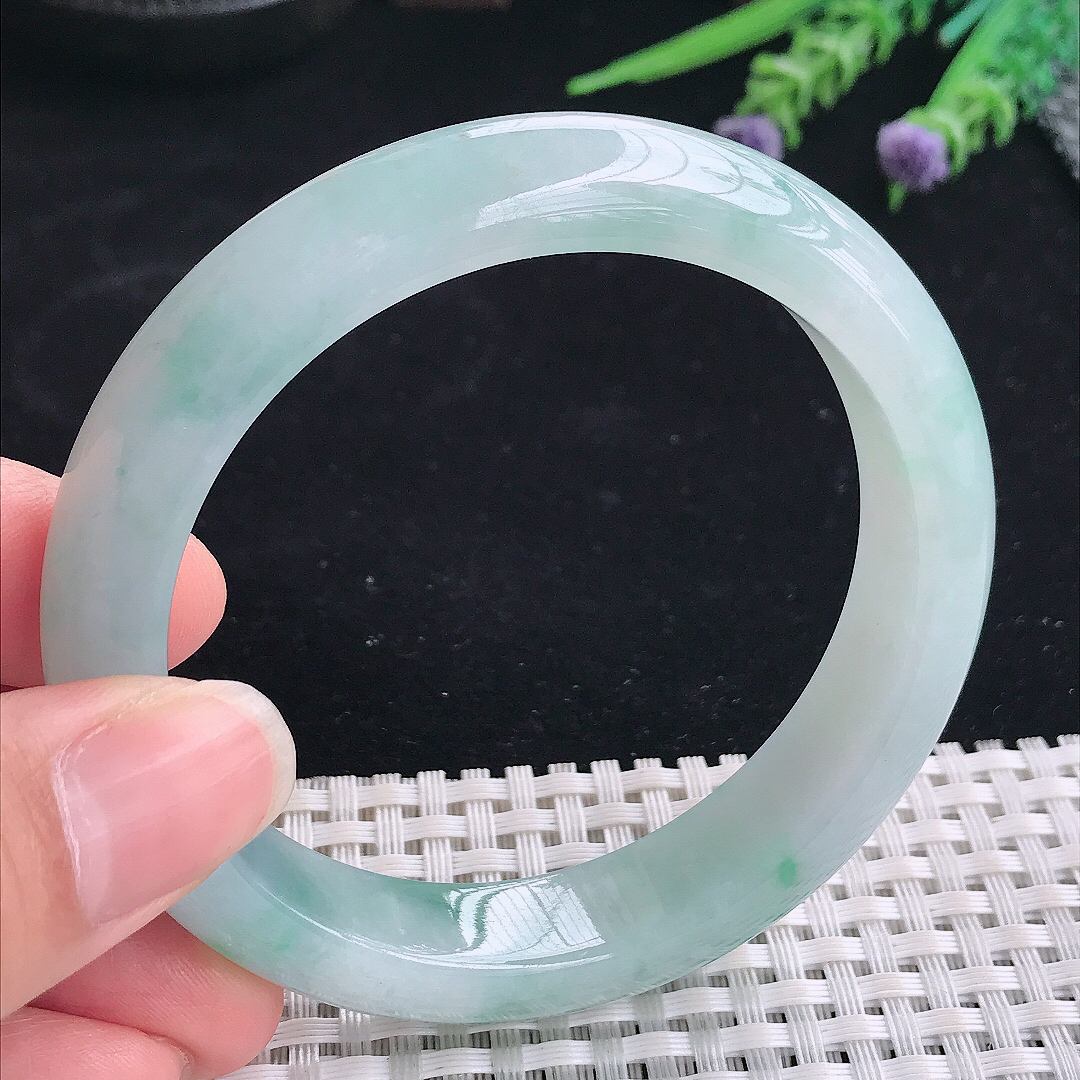 实拍A货翡翠58/12.9/8.5老坑冰润起胶飘绿手镯翡翠宽边玉镯平安镯美人镯