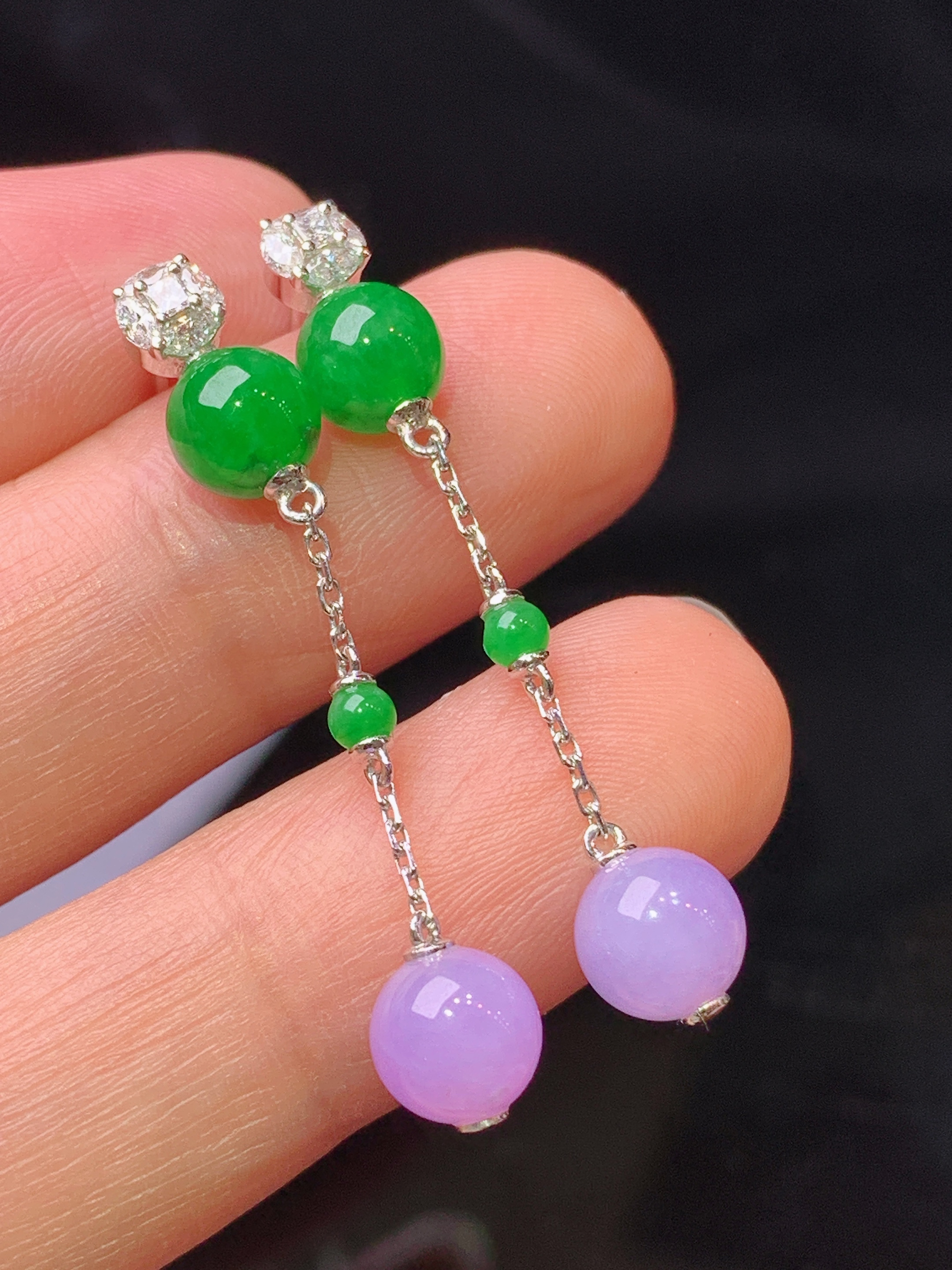 18k金钻镶嵌紫罗兰满绿圆组合耳坠 玉质细腻 色泽艳丽清新 水润亮眼 整体尺寸36.5*6.2m5