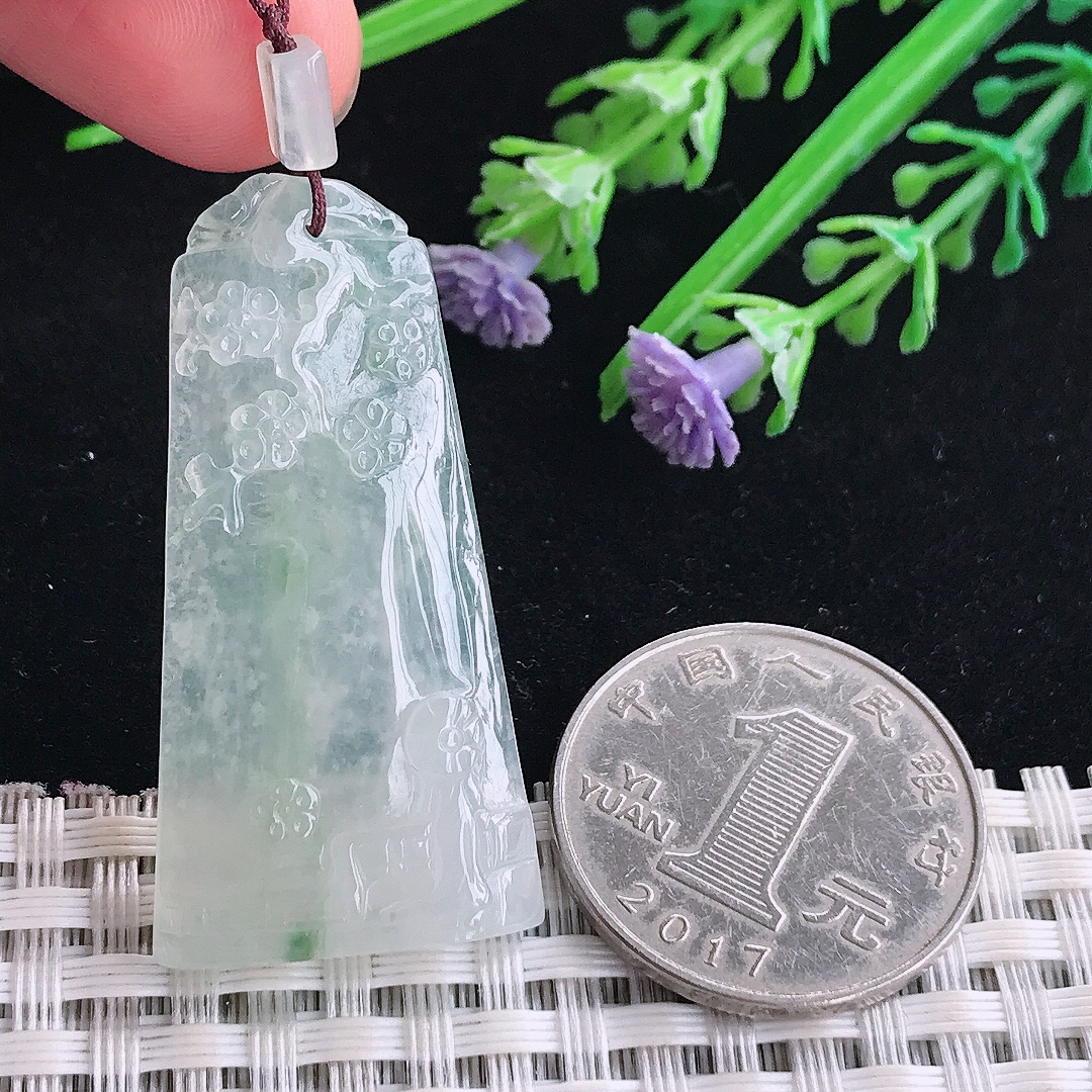 实拍A货翡翠41.5/21/5.3老坑冰透起胶冰晴梅花牌吊坠翡翠玉牌