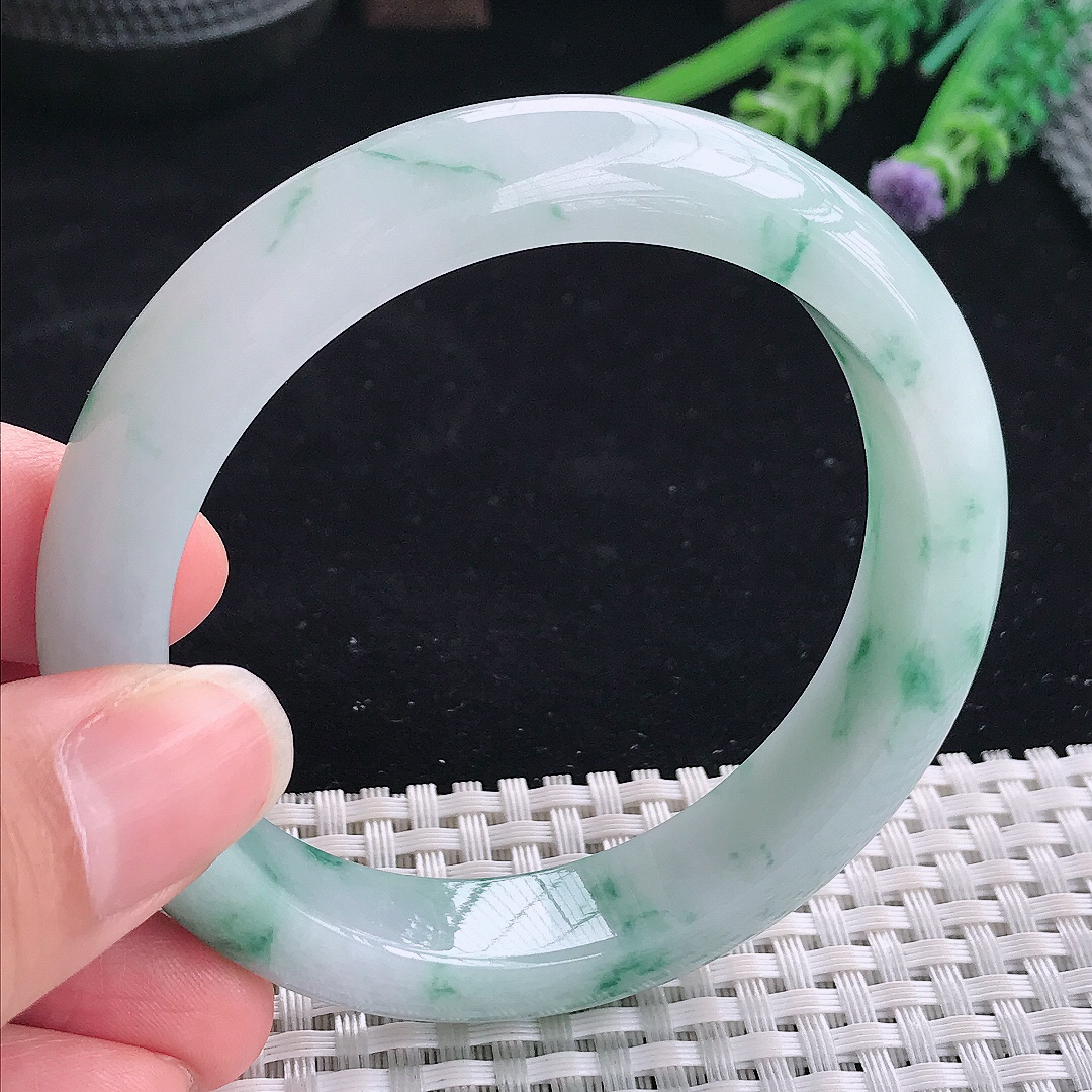 实拍A货翡翠57.5/12.6/8.7老坑冰润起胶飘蓝花手镯翡翠飘花玉镯平安镯