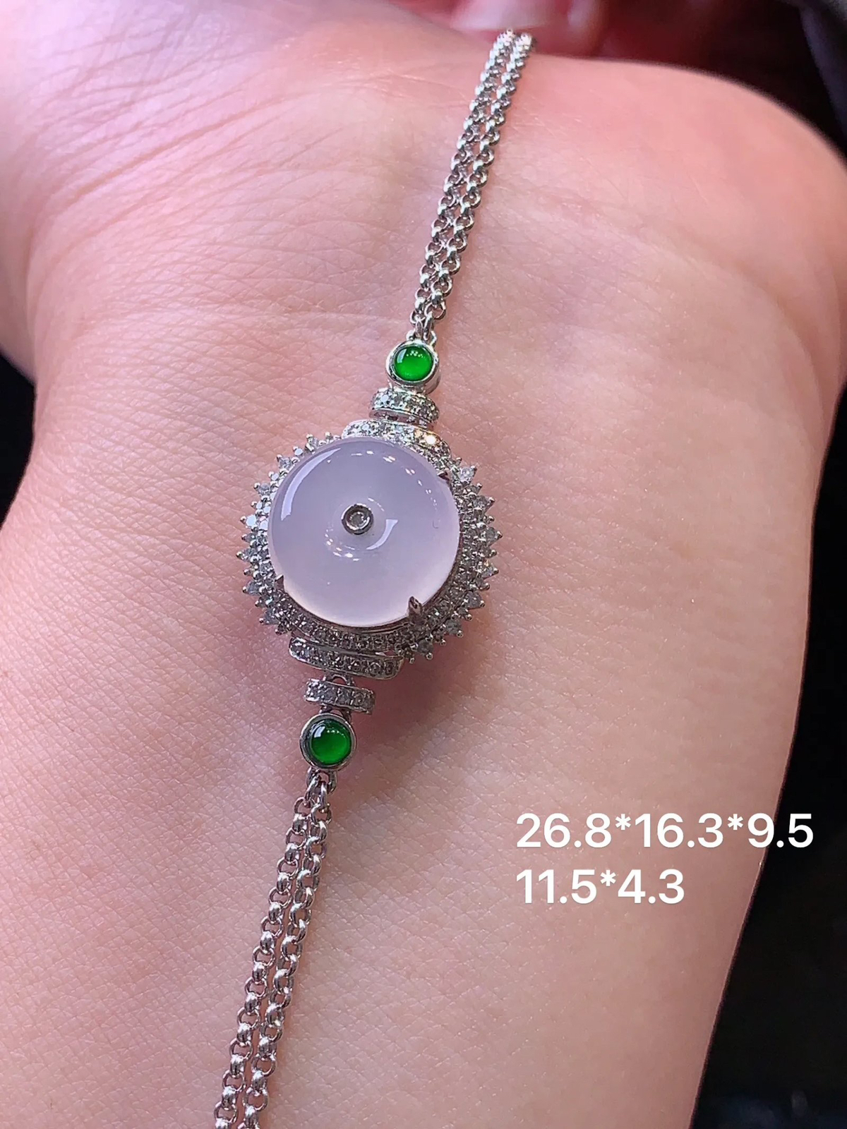 18k金钻镶嵌冰种平安扣手链 玉质细腻 色泽清新艳丽 整体尺寸26.8*16.3*9.5