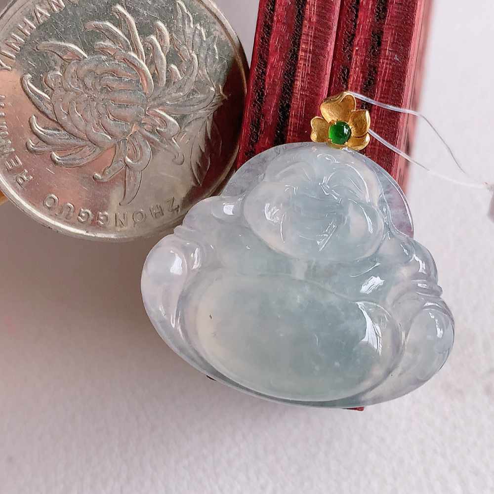 18k金扣冰润佛公挂件 玉质细腻  精雕弥勒佛，笑佛福耳垂肩，面相喜庆，开怀大笑，憨态可掬。惟妙惟肖，寓意福禄双全，吉祥美满，笑口常开 W49.13 尺寸：22-26.8-5.3mm