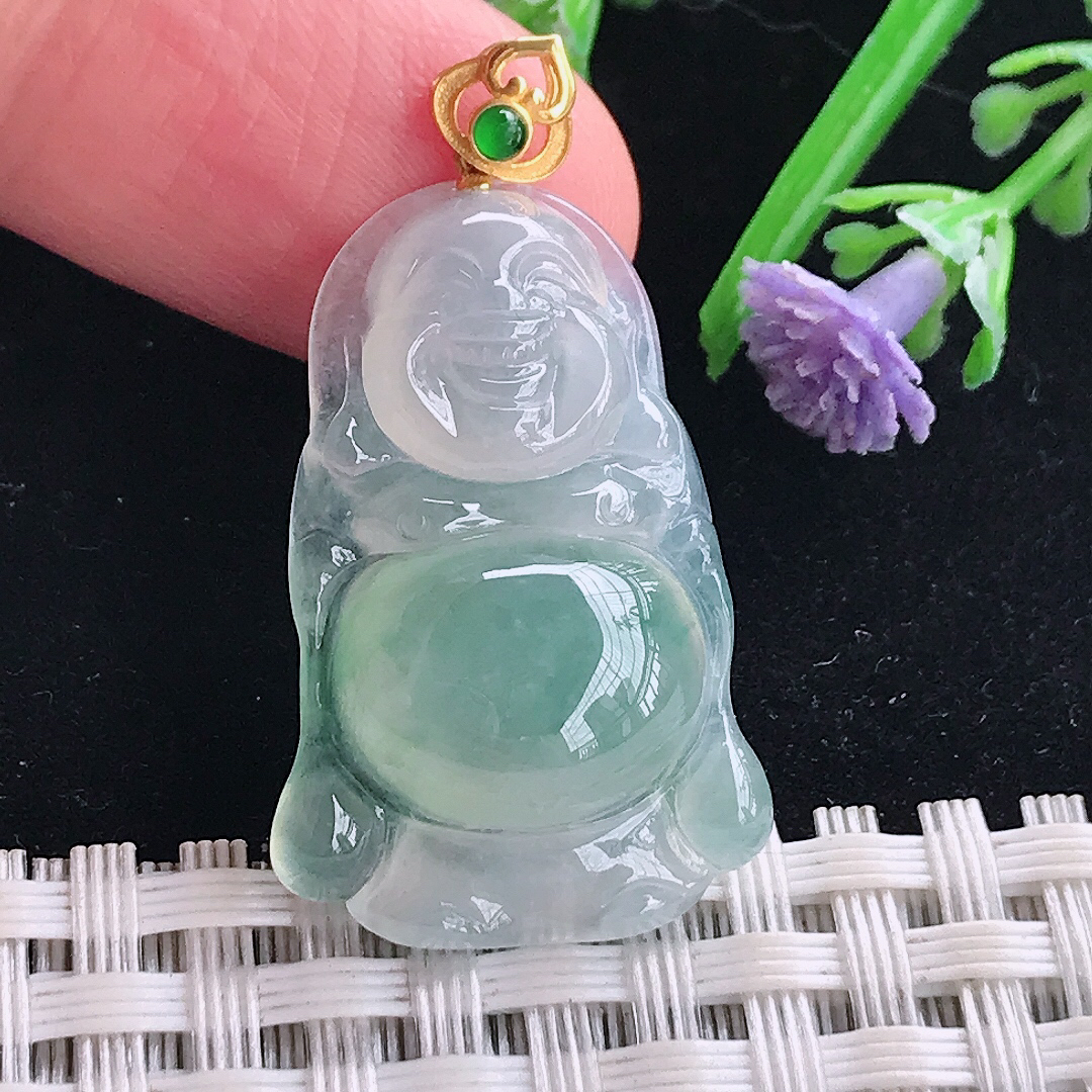 实拍A货翡翠29.6/19/6.2老坑18k金镶嵌冰胶冰晴站佛吊坠翡翠玉佛