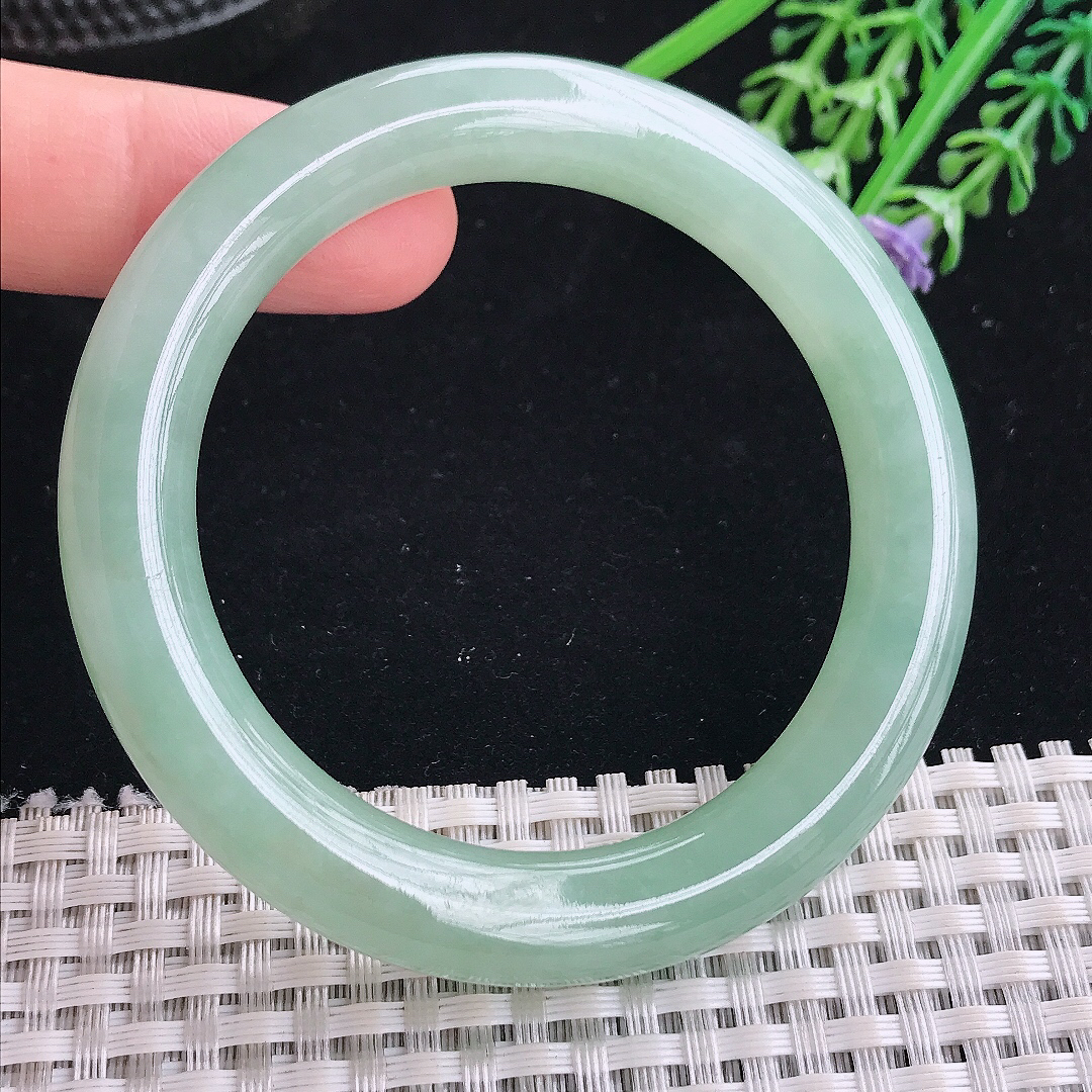 实拍A货翡翠52.5/10/9.5老坑冰胶果冻冰晴满绿圆条手镯翡翠玉镯平安镯