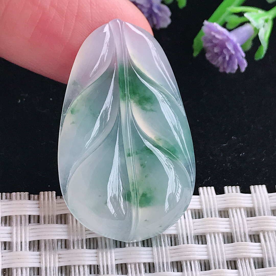 实拍A货翡翠33.4/20.6/4.7老坑冰种起胶冰飘花叶子吊坠镶嵌件