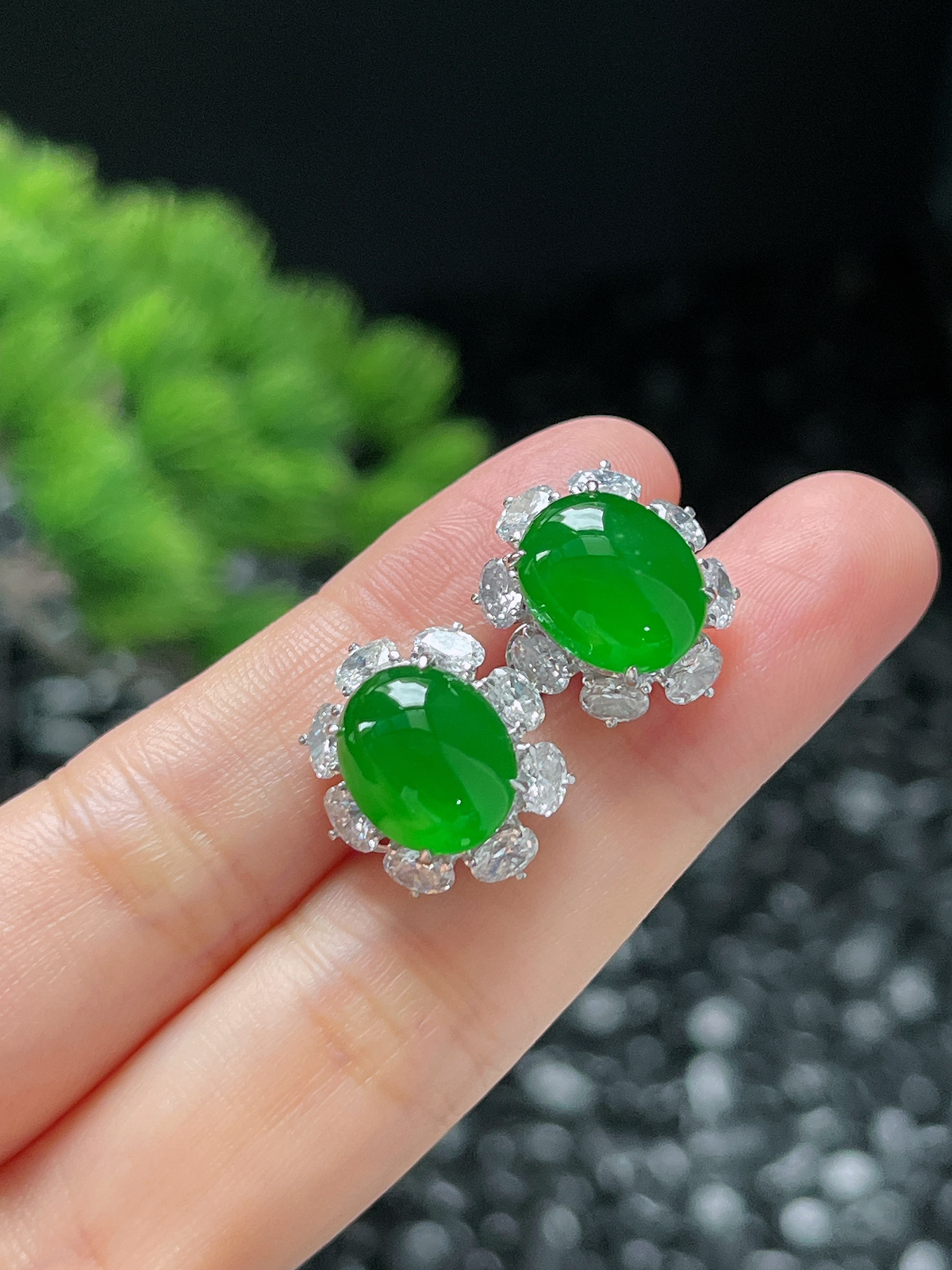 18k金翡翠冰满绿耳钉