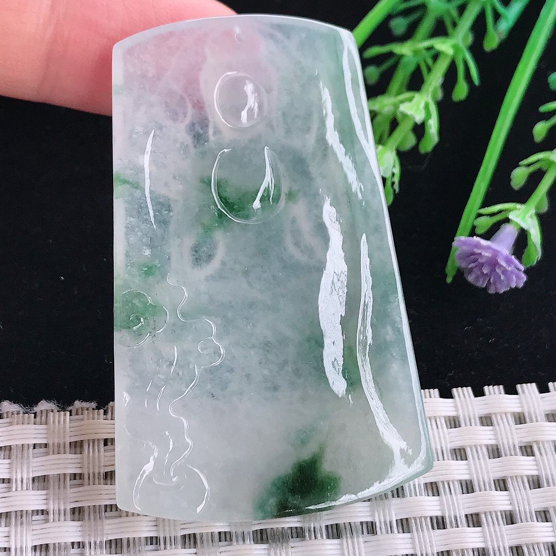 实拍A货翡翠57.2/36.3/6.1老坑冰透起胶冰飘花虚空藏菩萨吊坠翡翠玉牌