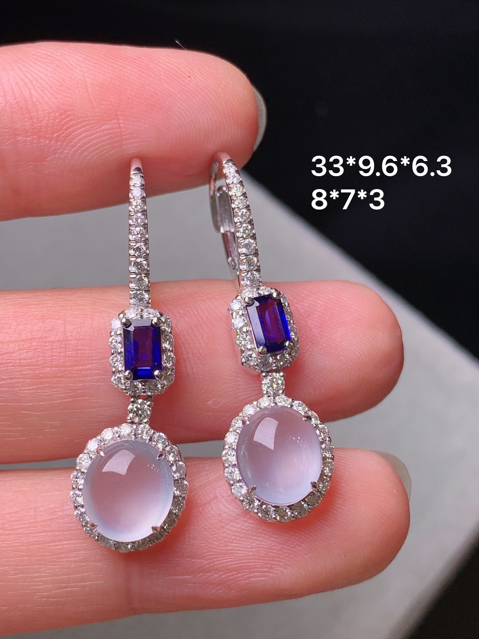 18k金钻镶嵌冰种蛋面耳坠 玉质细腻 水润亮眼 色泽艳丽 整体尺寸33*9.6*6.3m5