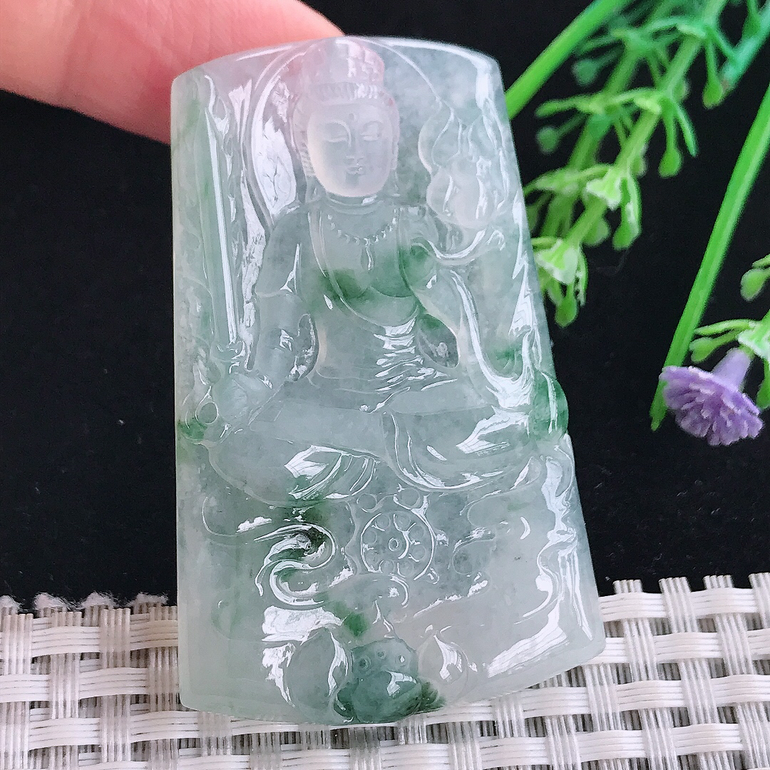 实拍A货翡翠57.2/36.3/6.1老坑冰透起胶冰飘花虚空藏菩萨吊坠翡翠玉牌
