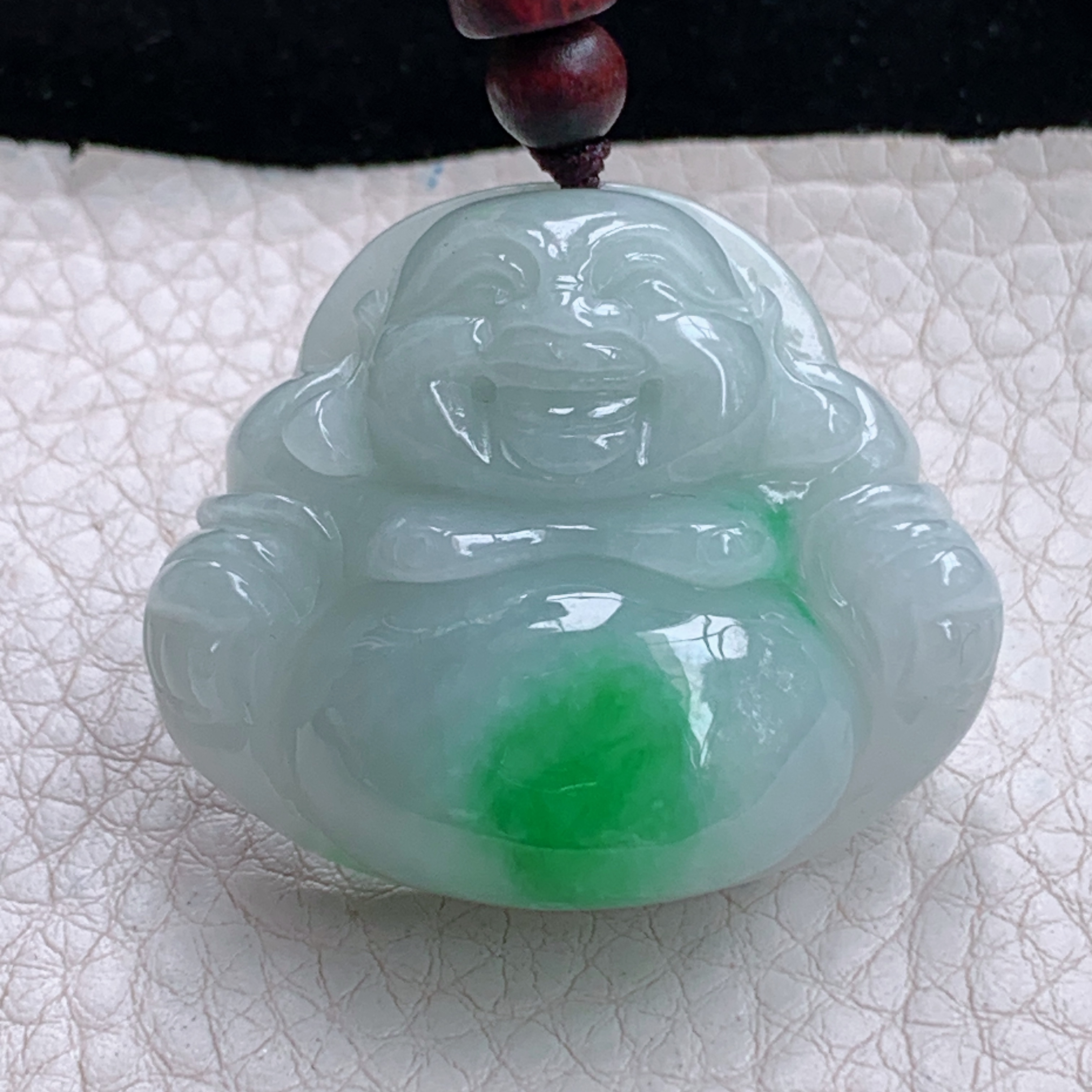 zen实拍34*39*12.8缅甸翡翠飘阳绿佛公吊坠大肚弥勒佛像项坠白底青