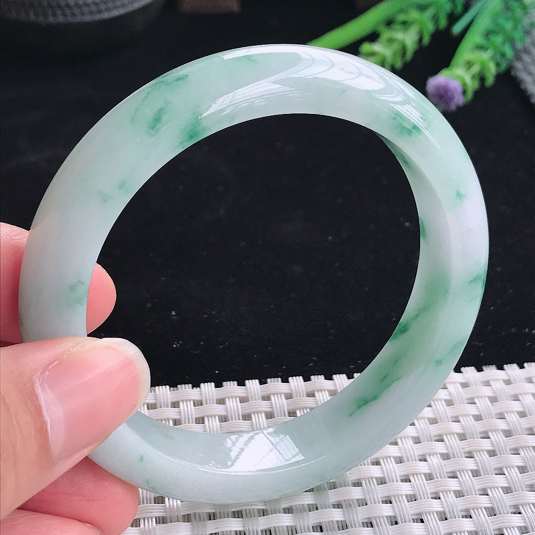实拍A货翡翠57.5/12.6/8.7老坑冰润起胶飘蓝花手镯翡翠飘花玉镯平安镯