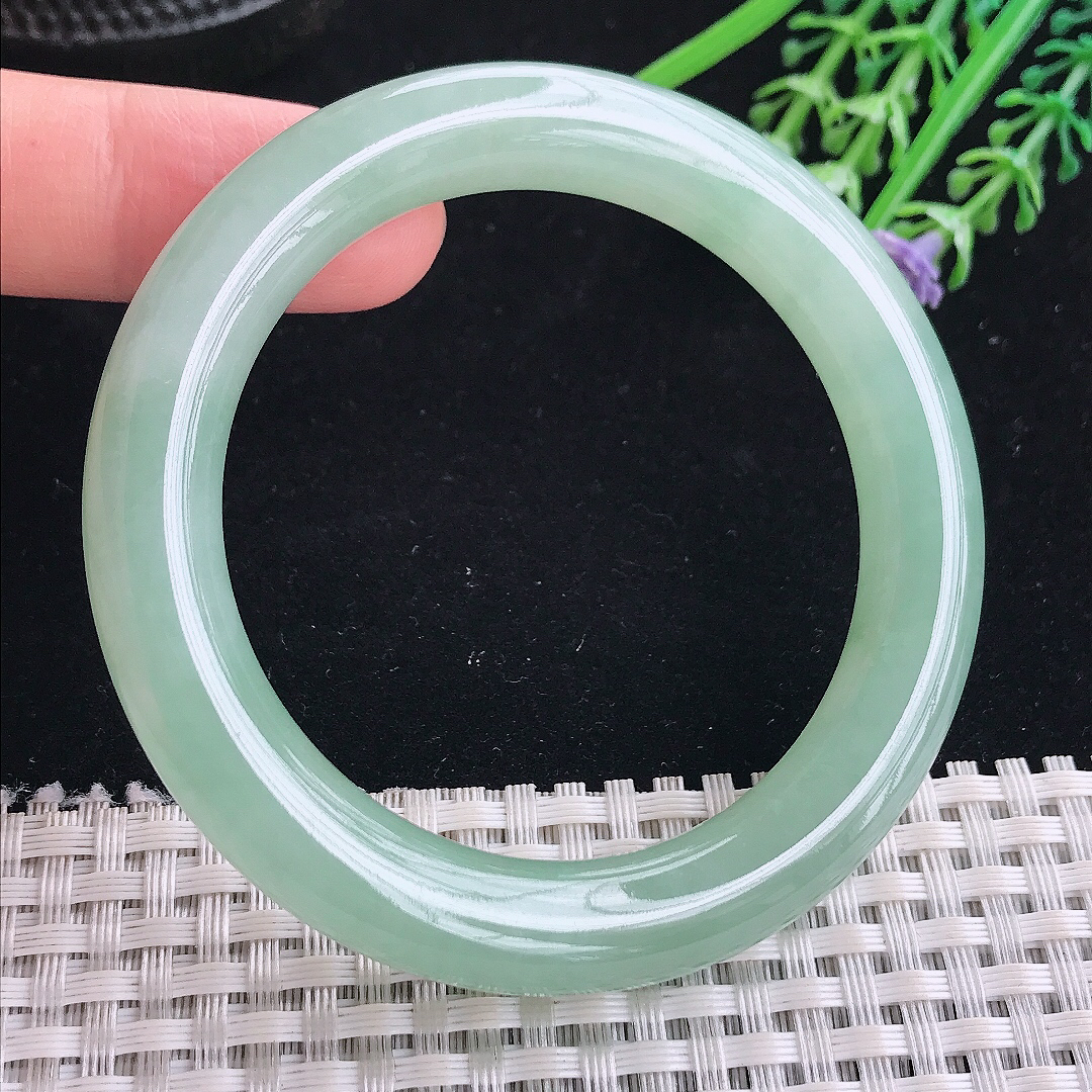 实拍A货翡翠52.5/10/9.5老坑冰胶果冻冰晴满绿圆条手镯翡翠玉镯平安镯