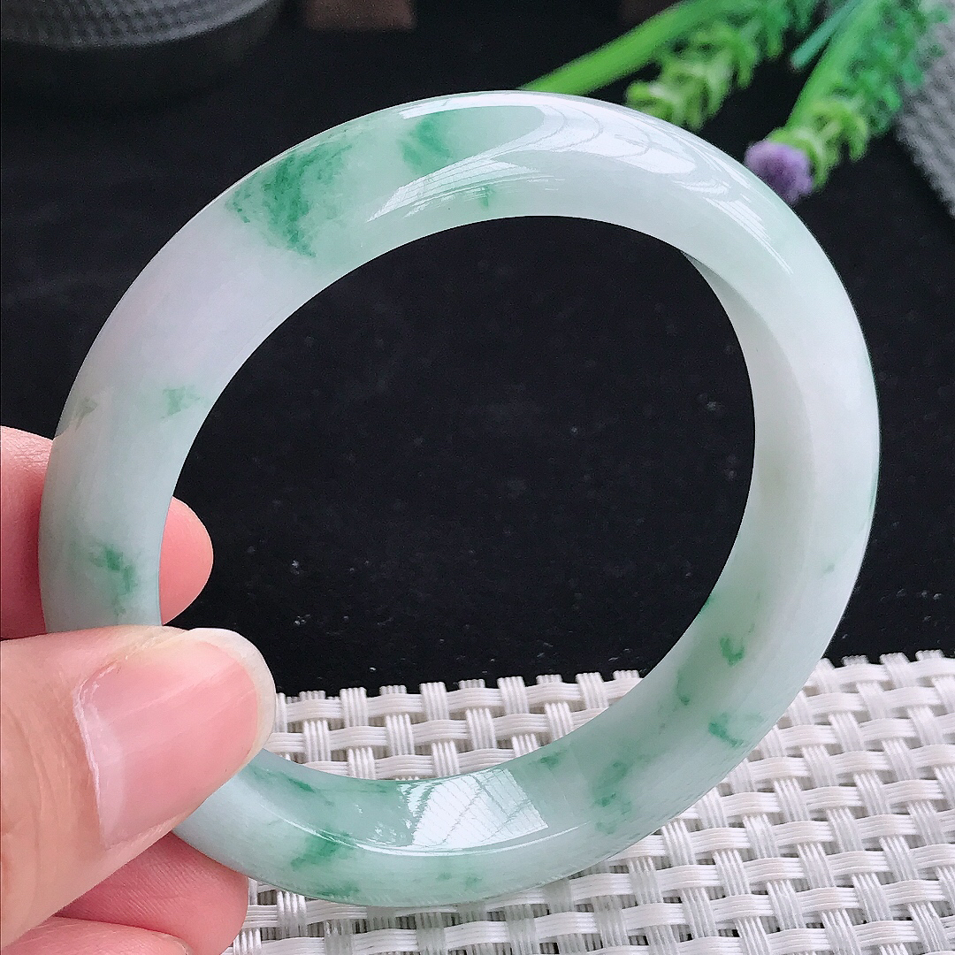 实拍A货翡翠57.5/12.6/8.7老坑冰润起胶飘蓝花手镯翡翠飘花玉镯平安镯
