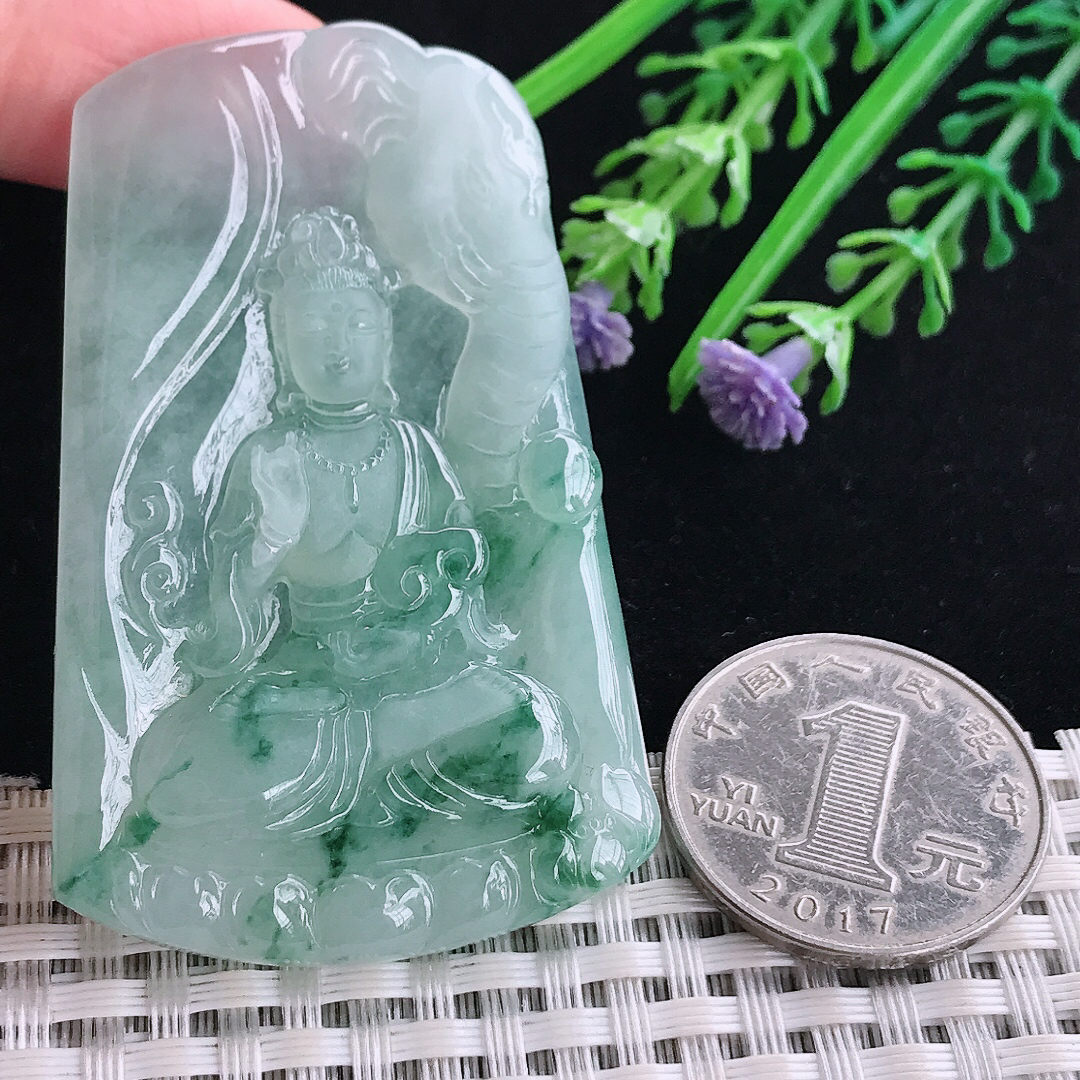 实拍A货翡翠61.5/39/6.6老坑冰胶果冻冰飘花普贤菩萨吊坠翡翠玉牌守护神