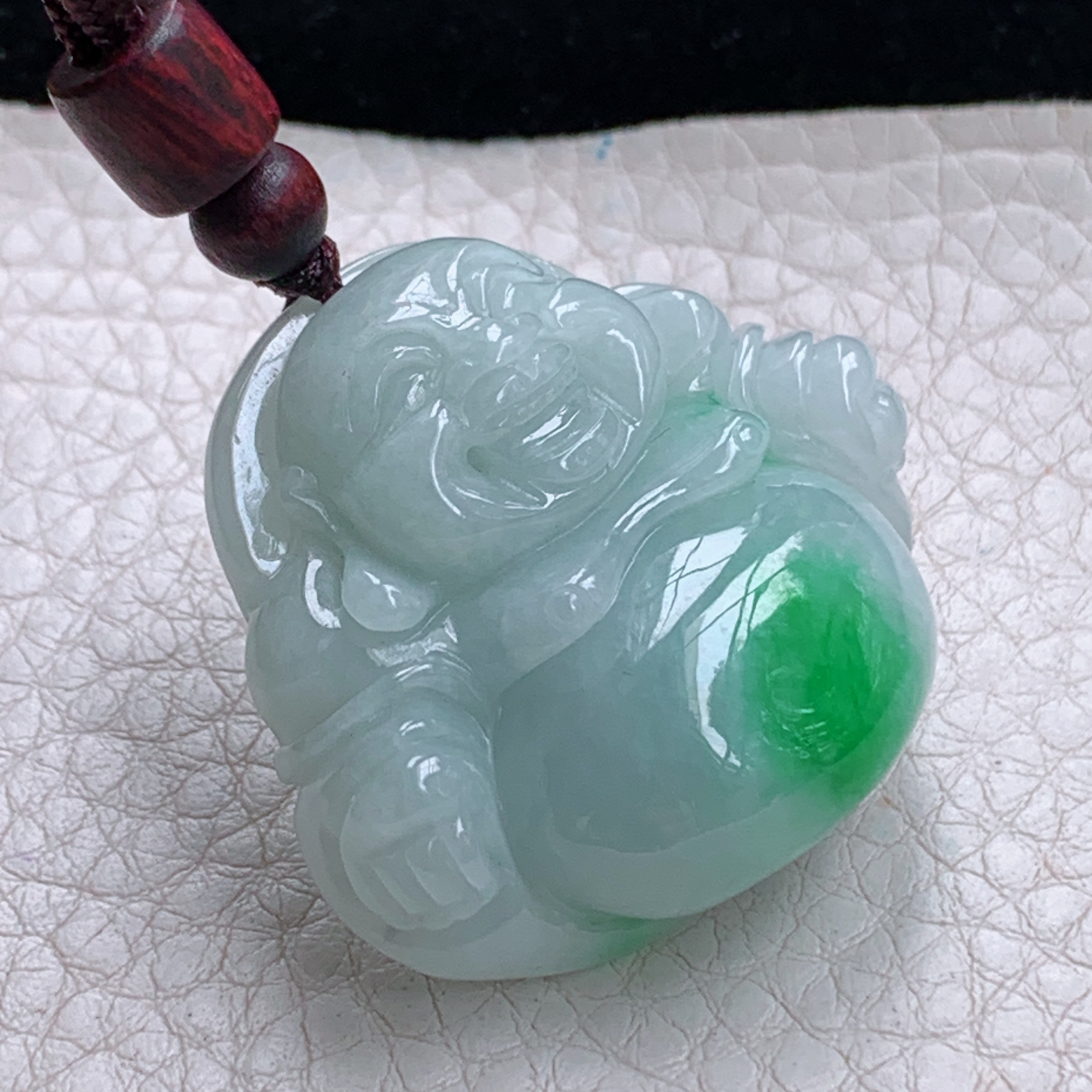 zen实拍34*39*12.8缅甸翡翠飘阳绿佛公吊坠大肚弥勒佛像项坠白底青