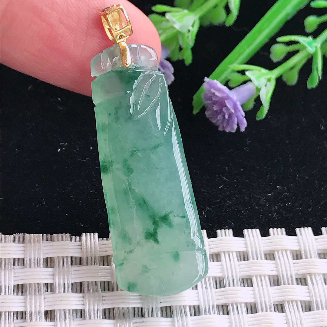 实拍A货翡翠36.3/13.4/6老坑18k金镶嵌冰胶果冻冰飘花节节高吊坠翡翠竹节