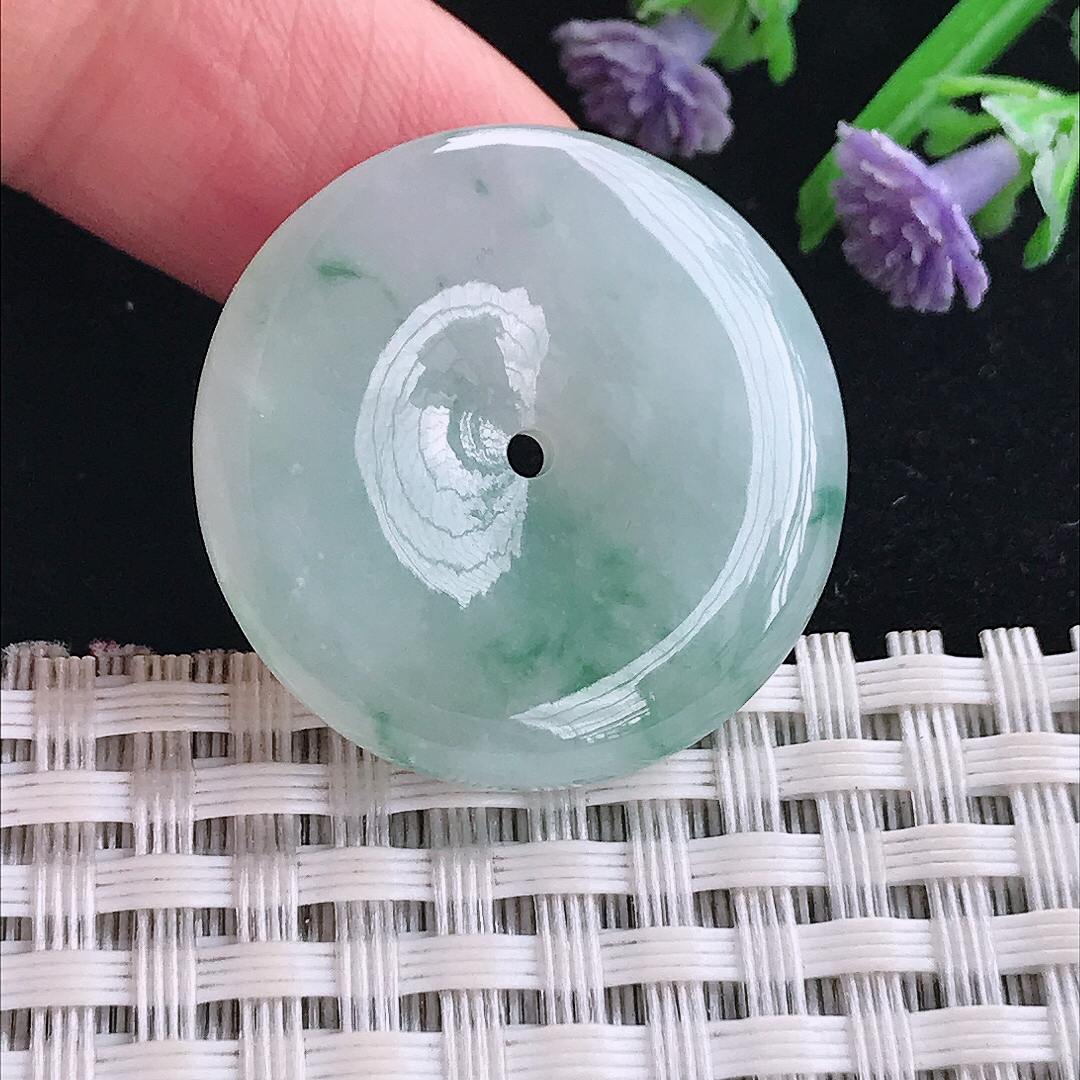 实拍A货翡翠28.4/5.6老坑冰润起胶飘花平安扣吊坠翡翠玉牌