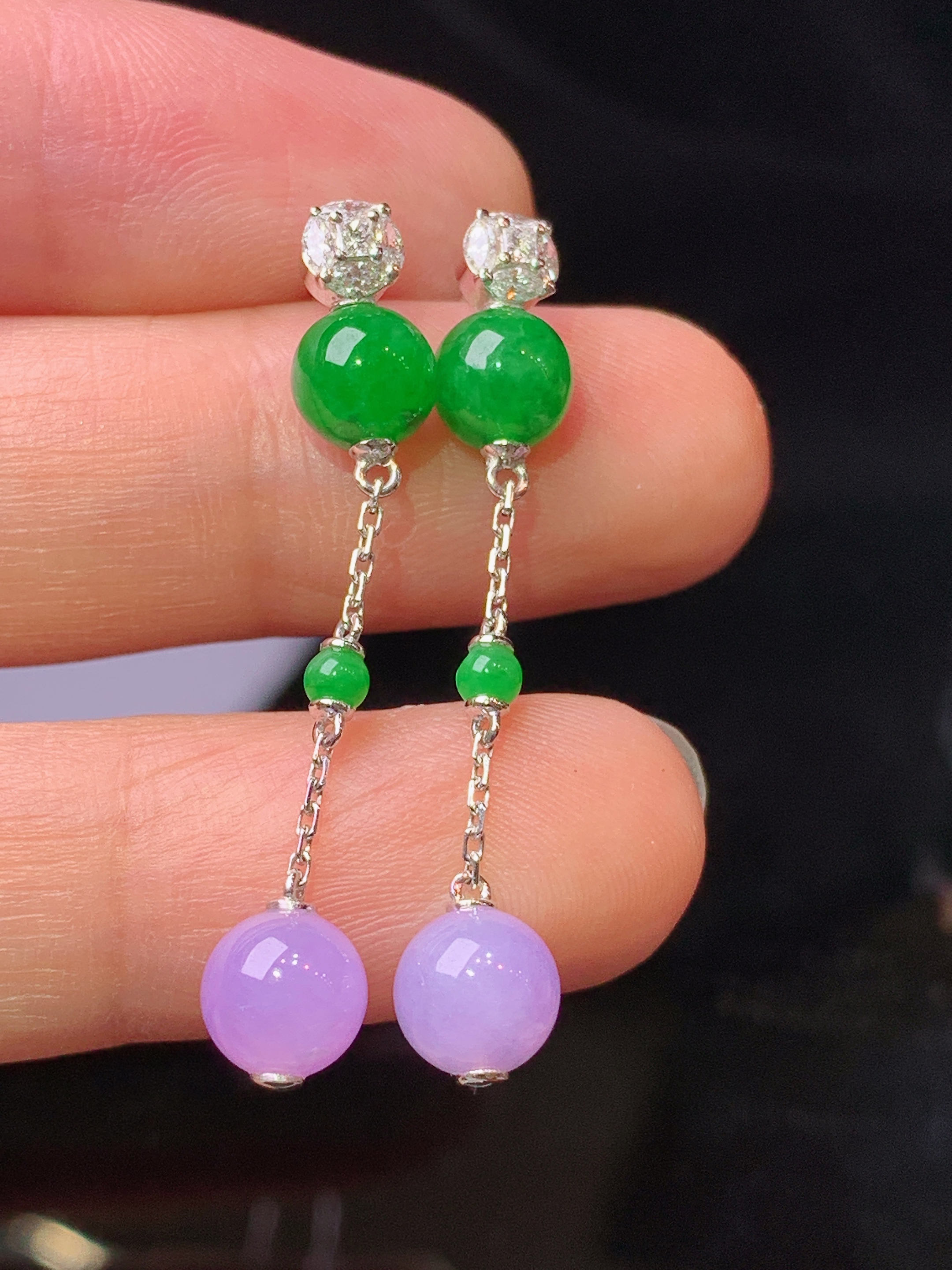 18k金钻镶嵌紫罗兰满绿圆组合耳坠 玉质细腻 色泽艳丽清新 水润亮眼 整体尺寸36.5*6.2m5
