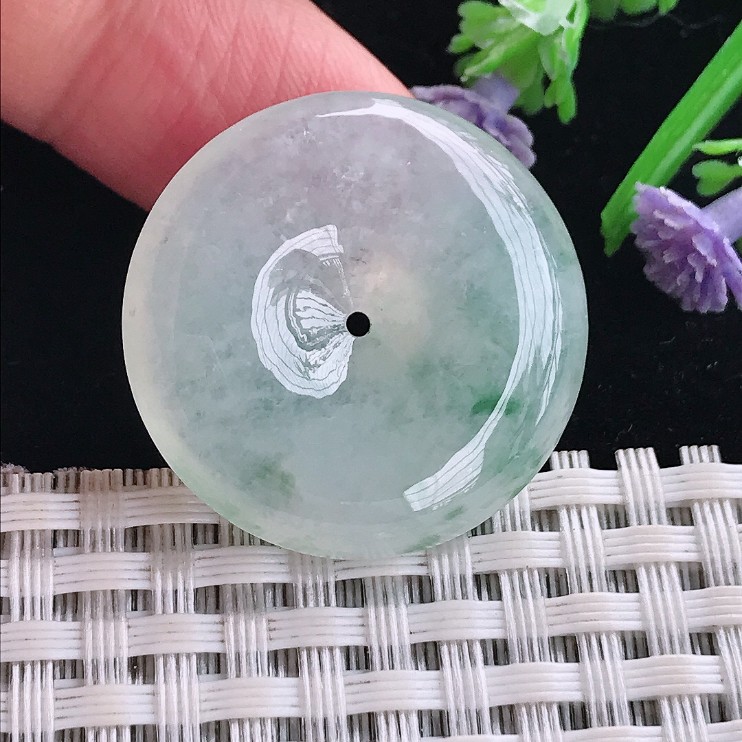 实拍A货翡翠28/6.2老坑冰胶水灵冰飘花平安扣吊坠翡翠玉扣挂件