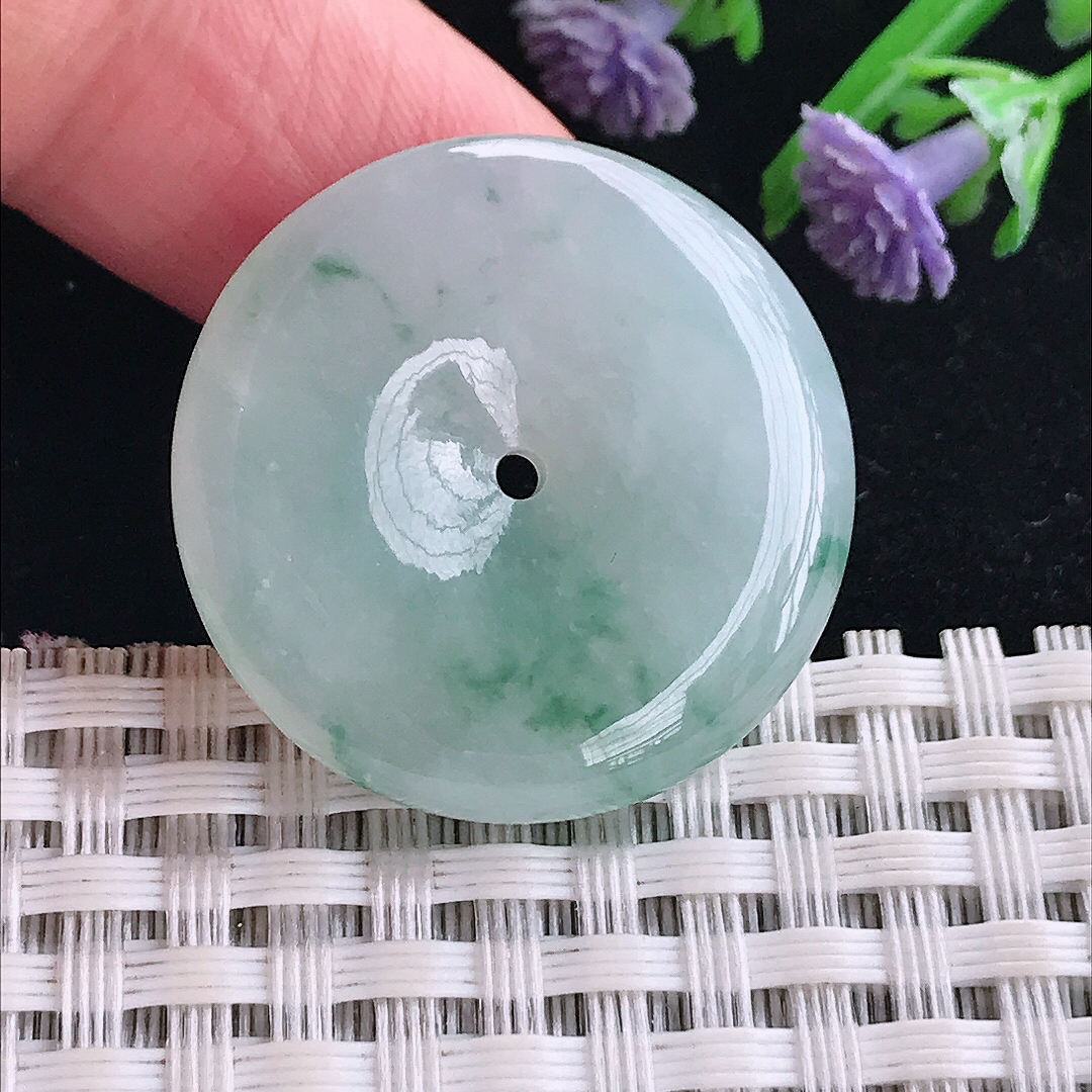 实拍A货翡翠28.4/5.6老坑冰润起胶飘花平安扣吊坠翡翠玉牌