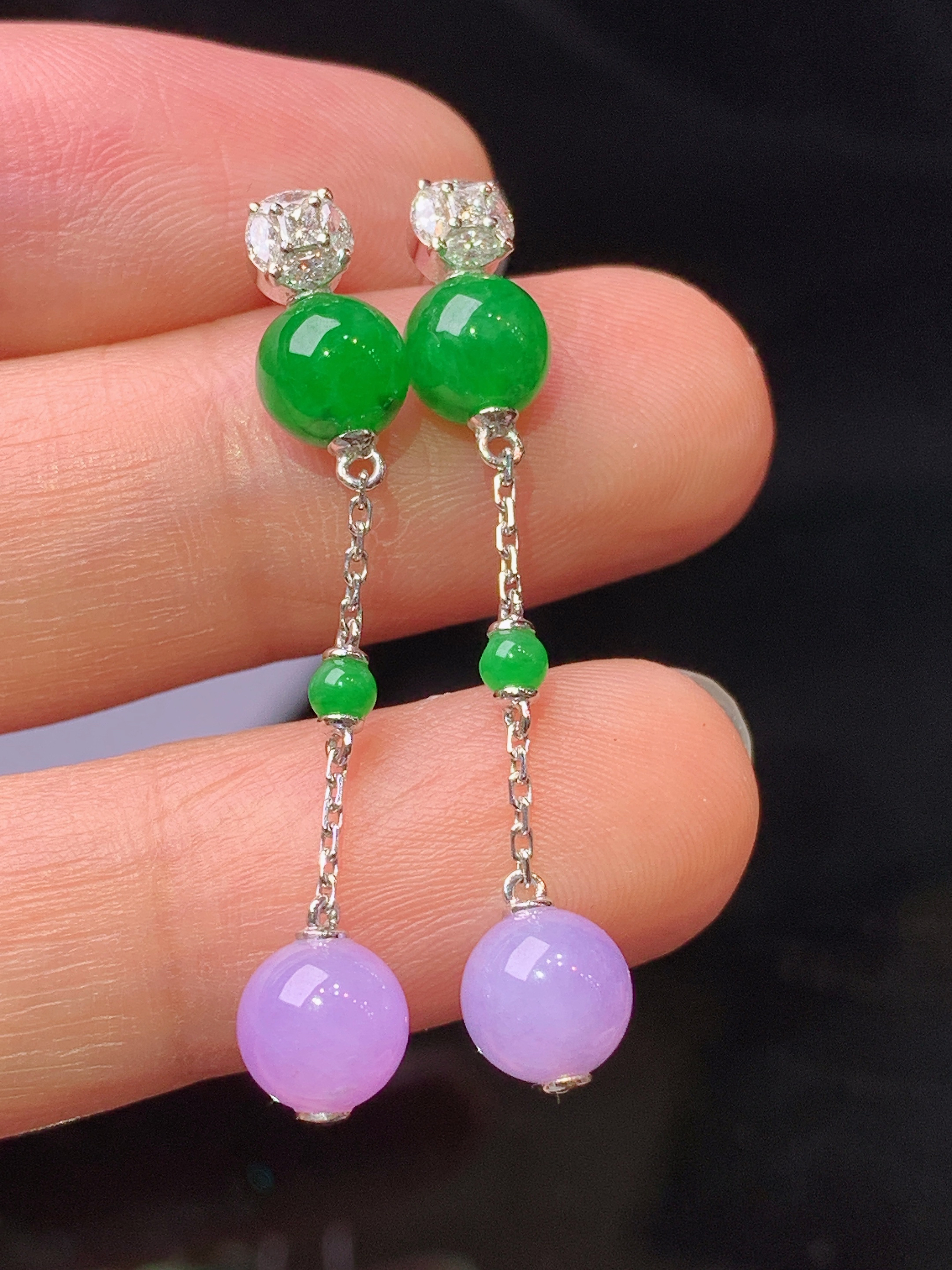 18k金钻镶嵌紫罗兰满绿圆组合耳坠 玉质细腻 色泽艳丽清新 水润亮眼 整体尺寸36.5*6.2m5