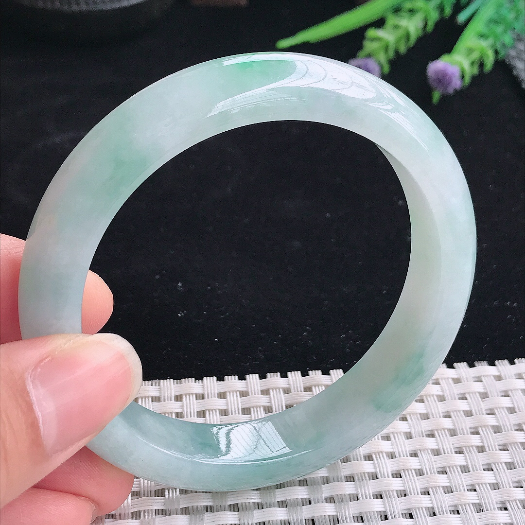 实拍A货翡翠58/12.9/8.5老坑冰润起胶飘绿手镯翡翠宽边玉镯平安镯美人镯