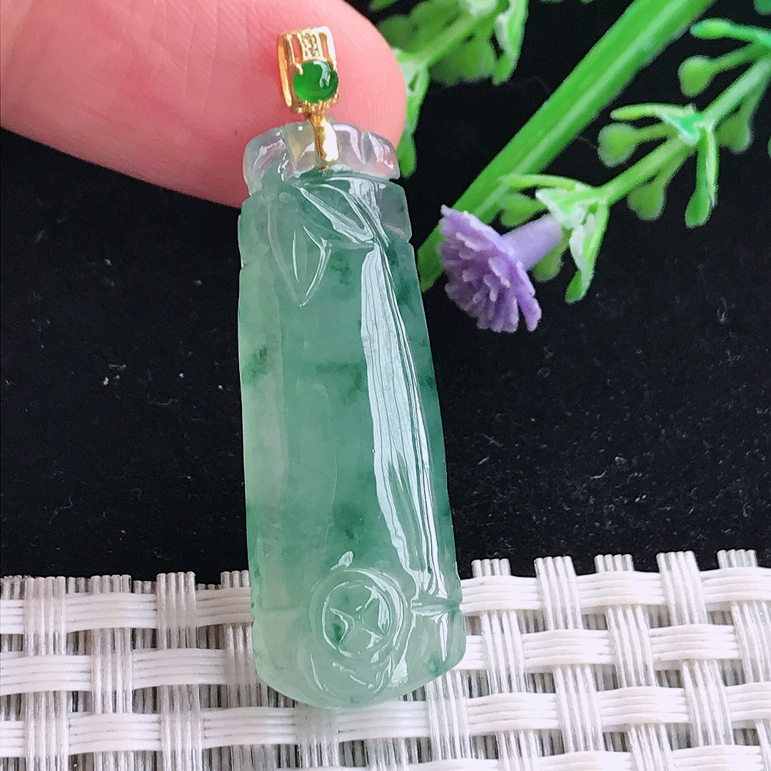 实拍A货翡翠36.3/13.4/6老坑18k金镶嵌冰胶果冻冰飘花节节高吊坠翡翠竹节