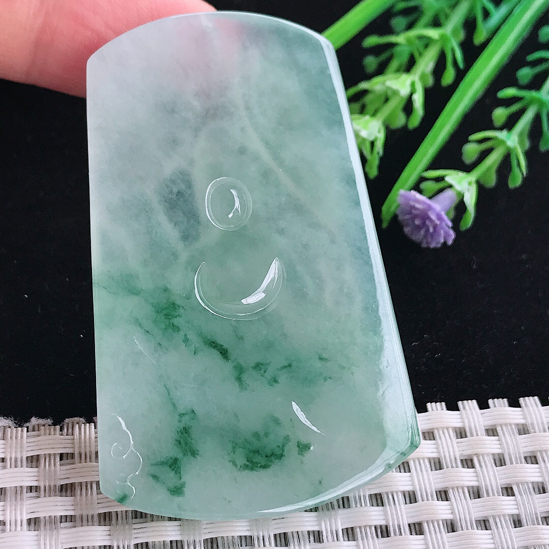 实拍A货翡翠61.5/39/6.6老坑冰胶果冻冰飘花普贤菩萨吊坠翡翠玉牌守护神