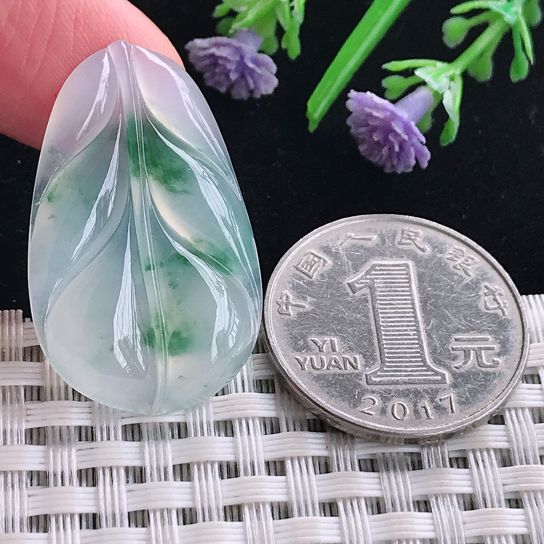 实拍A货翡翠33.4/20.6/4.7老坑冰种起胶冰飘花叶子吊坠镶嵌件