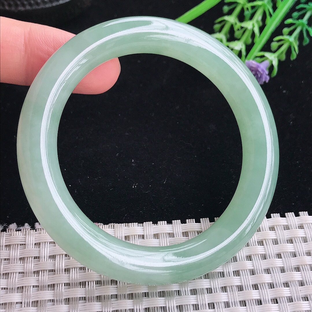 实拍A货翡翠52.5/10/9.5老坑冰胶果冻冰晴满绿圆条手镯翡翠玉镯平安镯