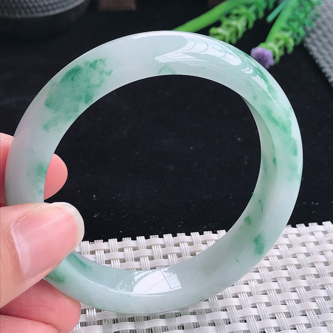 实拍A货翡翠57.5/12.6/8.7老坑冰润起胶飘蓝花手镯翡翠飘花玉镯平安镯