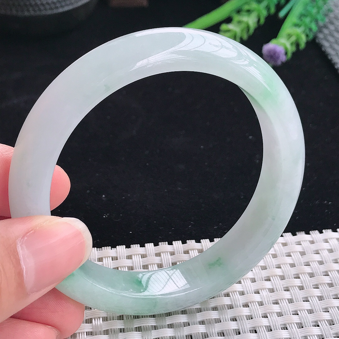 实拍A货翡翠58/13/8.5老坑冰润起胶冰飘花手镯翡翠宽边玉镯平安镯美人镯