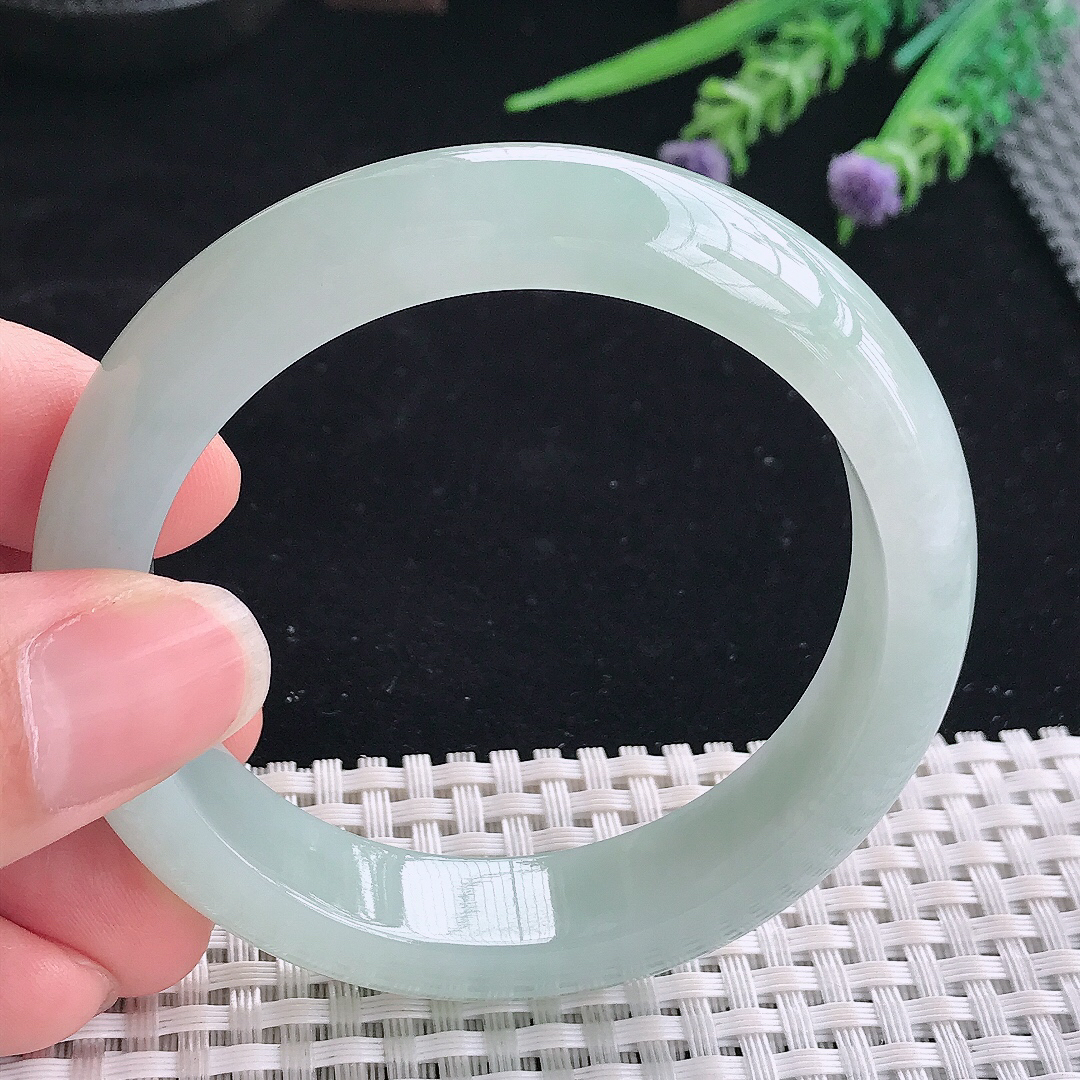 实拍A货翡翠55/13.3/8.5老坑冰润起胶冰晴绿手镯翡翠宽边玉镯平安镯美人镯