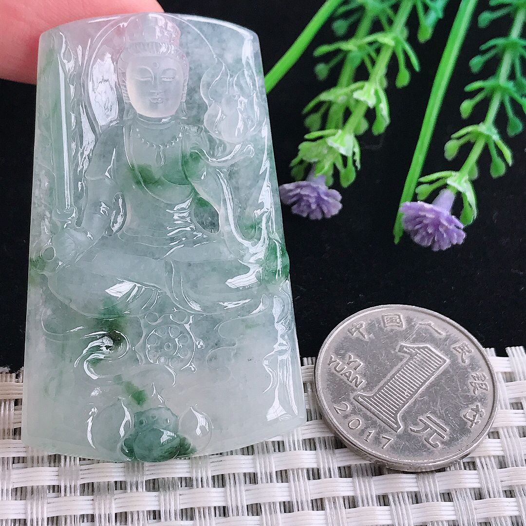 实拍A货翡翠57.2/36.3/6.1老坑冰透起胶冰飘花虚空藏菩萨吊坠翡翠玉牌