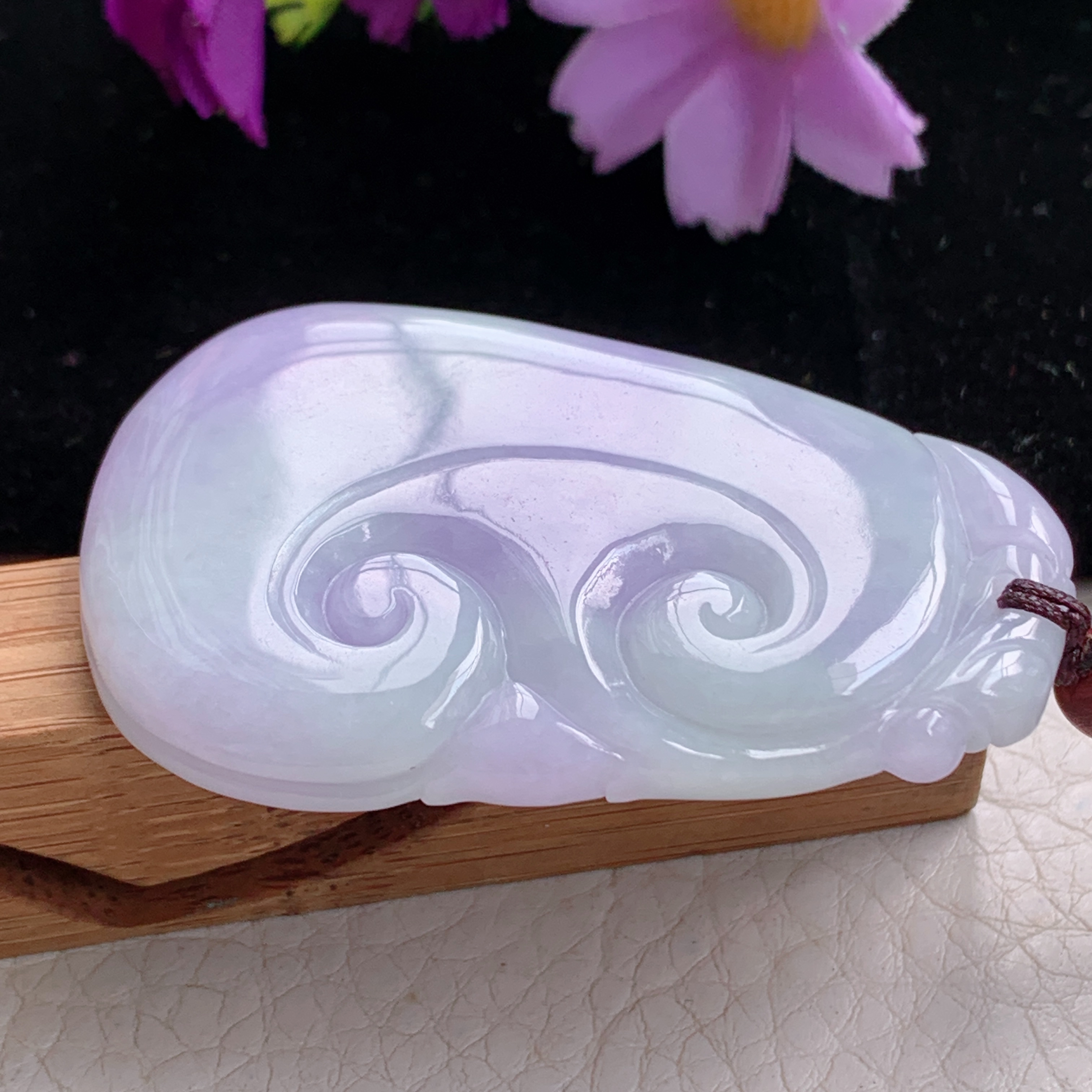 zen实拍54.5*35*6缅甸翡翠紫色如意吊坠 春带彩祥云吉祥项坠