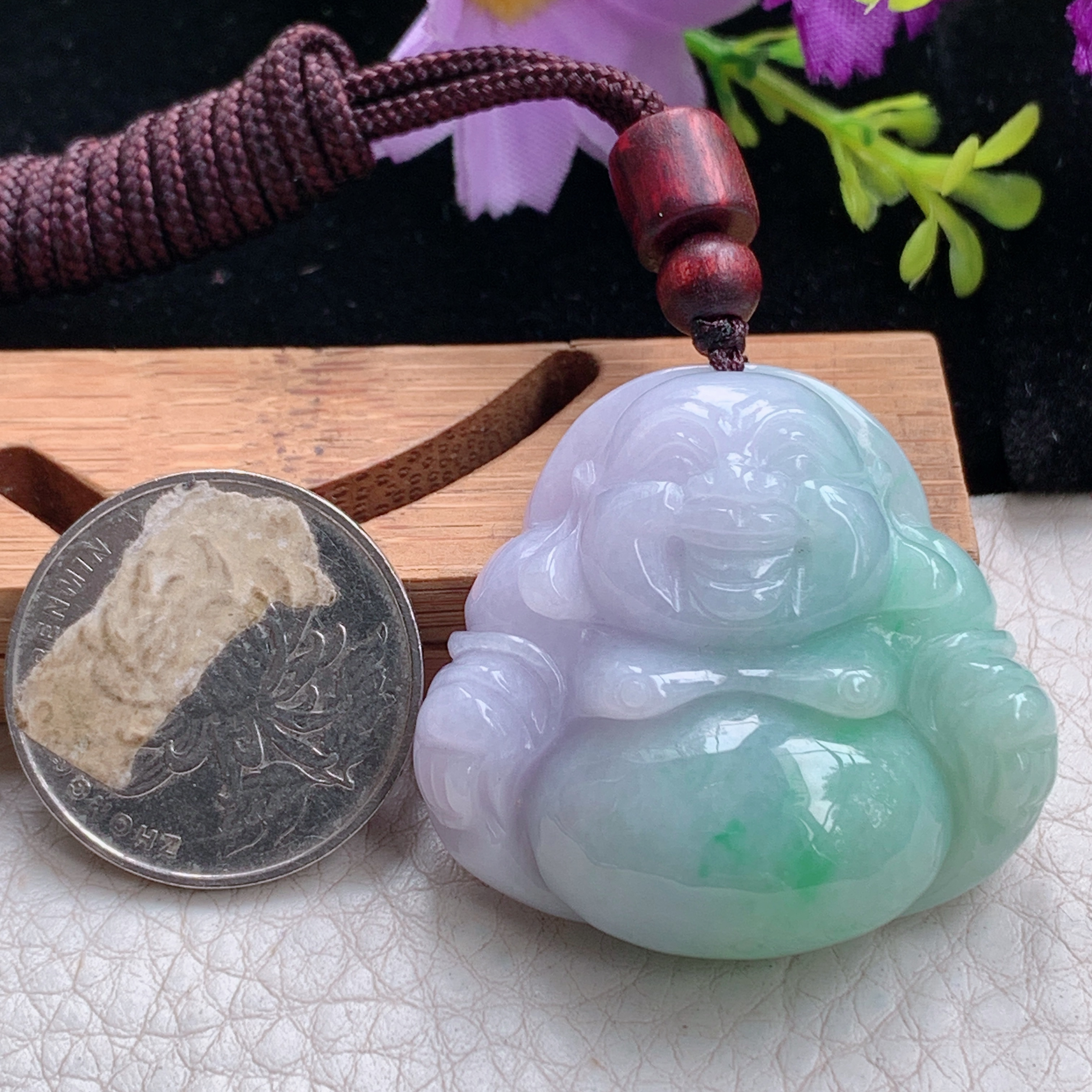 zen实拍36*37.5*12.8缅甸翡翠春带彩佛公吊坠 大肚弥勒佛像项坠