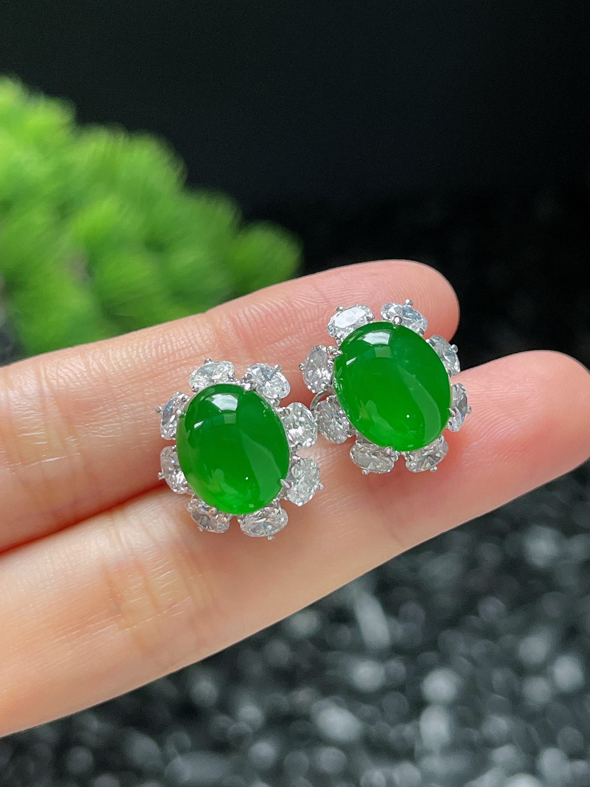 18k金翡翠冰满绿耳钉