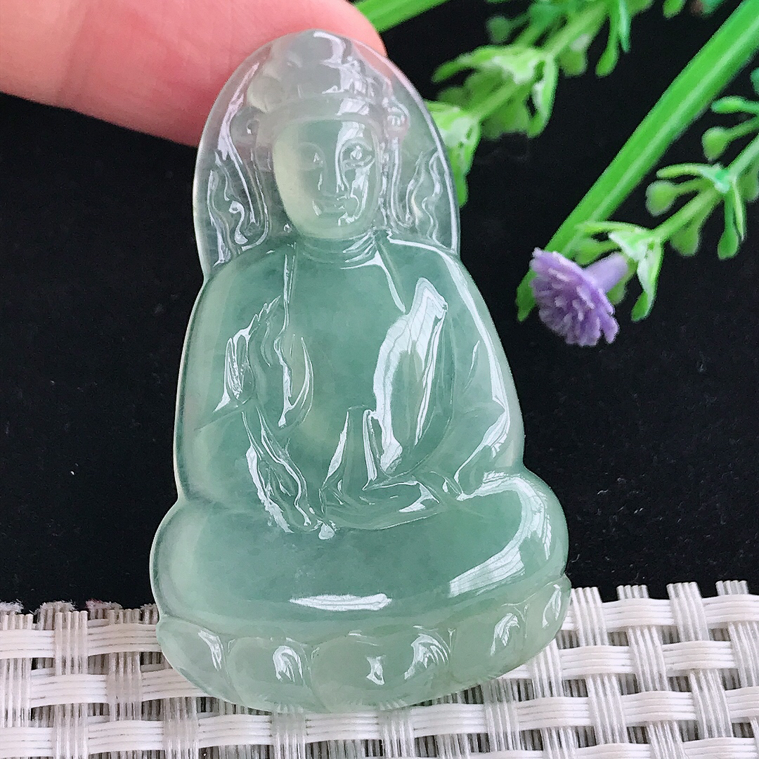 实拍A货翡翠53.7/33.2/5.6老坑冰种果冻冰晴绿素衣观音吊坠翡翠玉牌