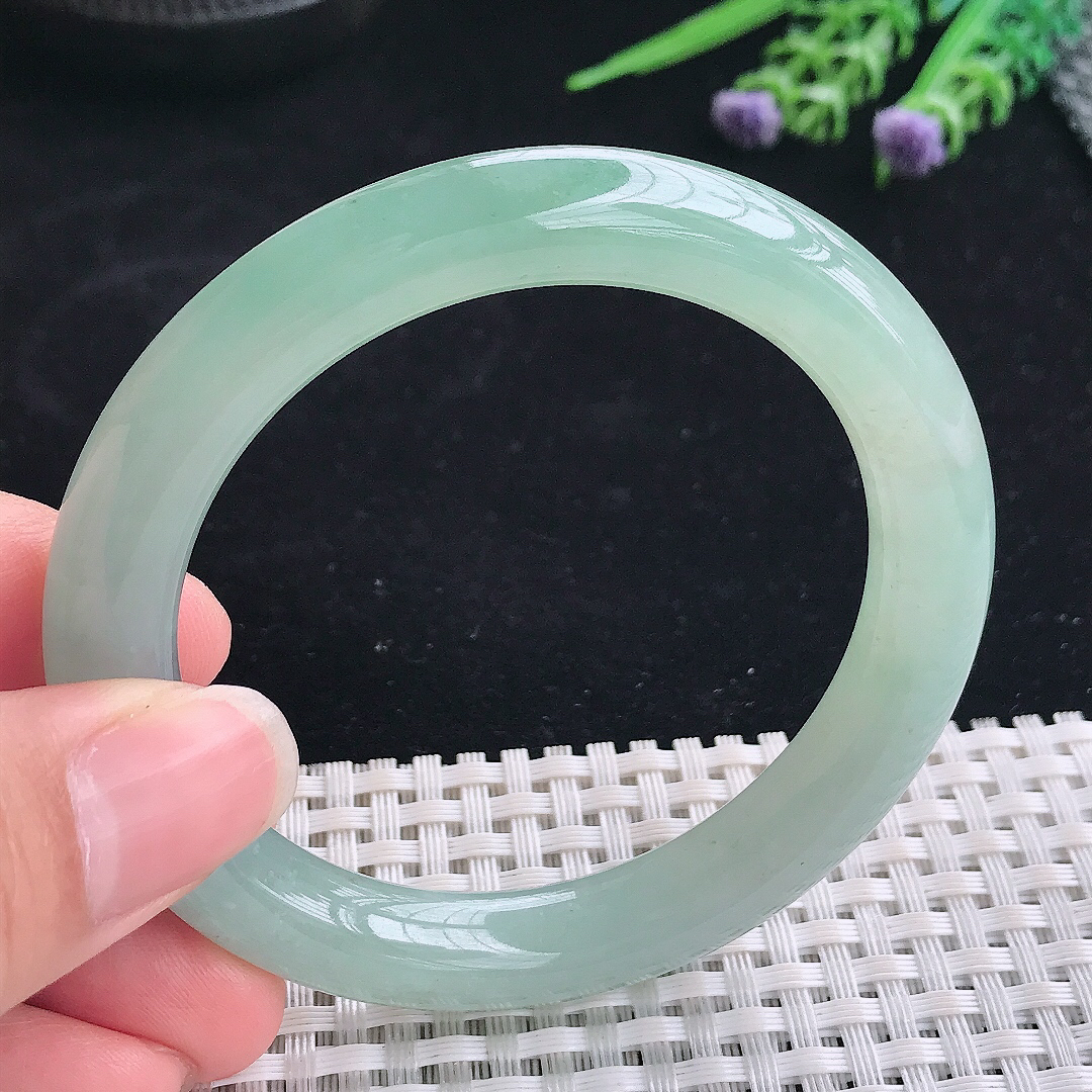 实拍A货翡翠54/9.6/9.5老坑冰胶水灵冰晴圆条手镯翡翠玉镯平安镯