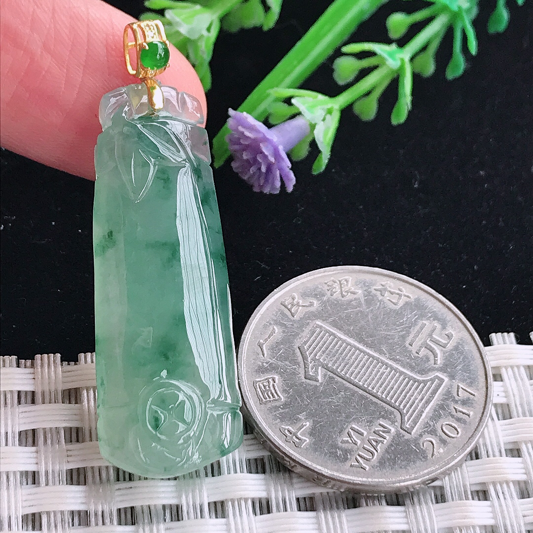 实拍A货翡翠36.3/13.4/6老坑18k金镶嵌冰胶果冻冰飘花节节高吊坠翡翠竹节