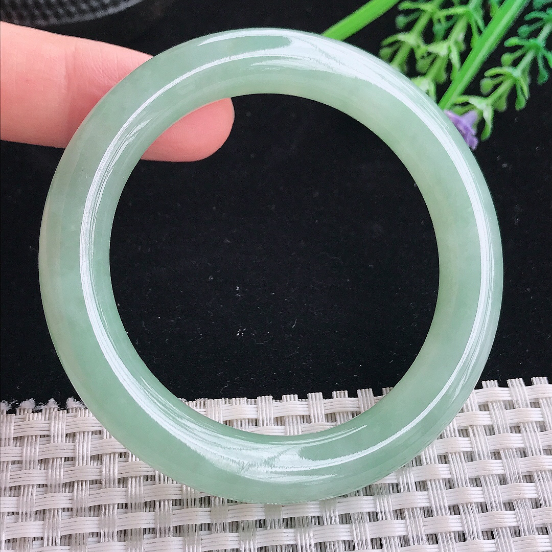 实拍A货翡翠52.5/10/9.5老坑冰胶果冻冰晴满绿圆条手镯翡翠玉镯平安镯