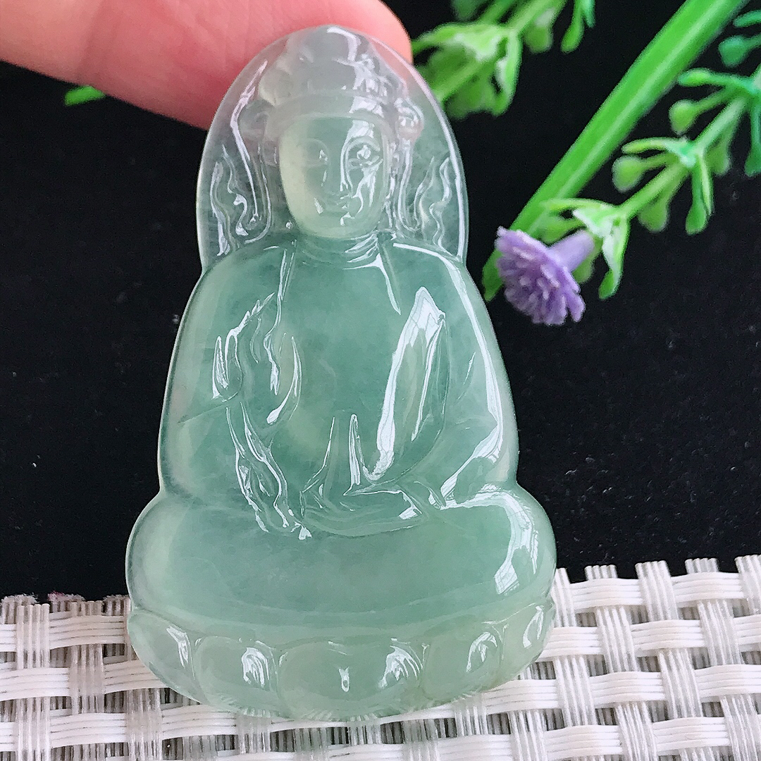 实拍A货翡翠53.7/33.2/5.6老坑冰种果冻冰晴绿素衣观音吊坠翡翠玉牌