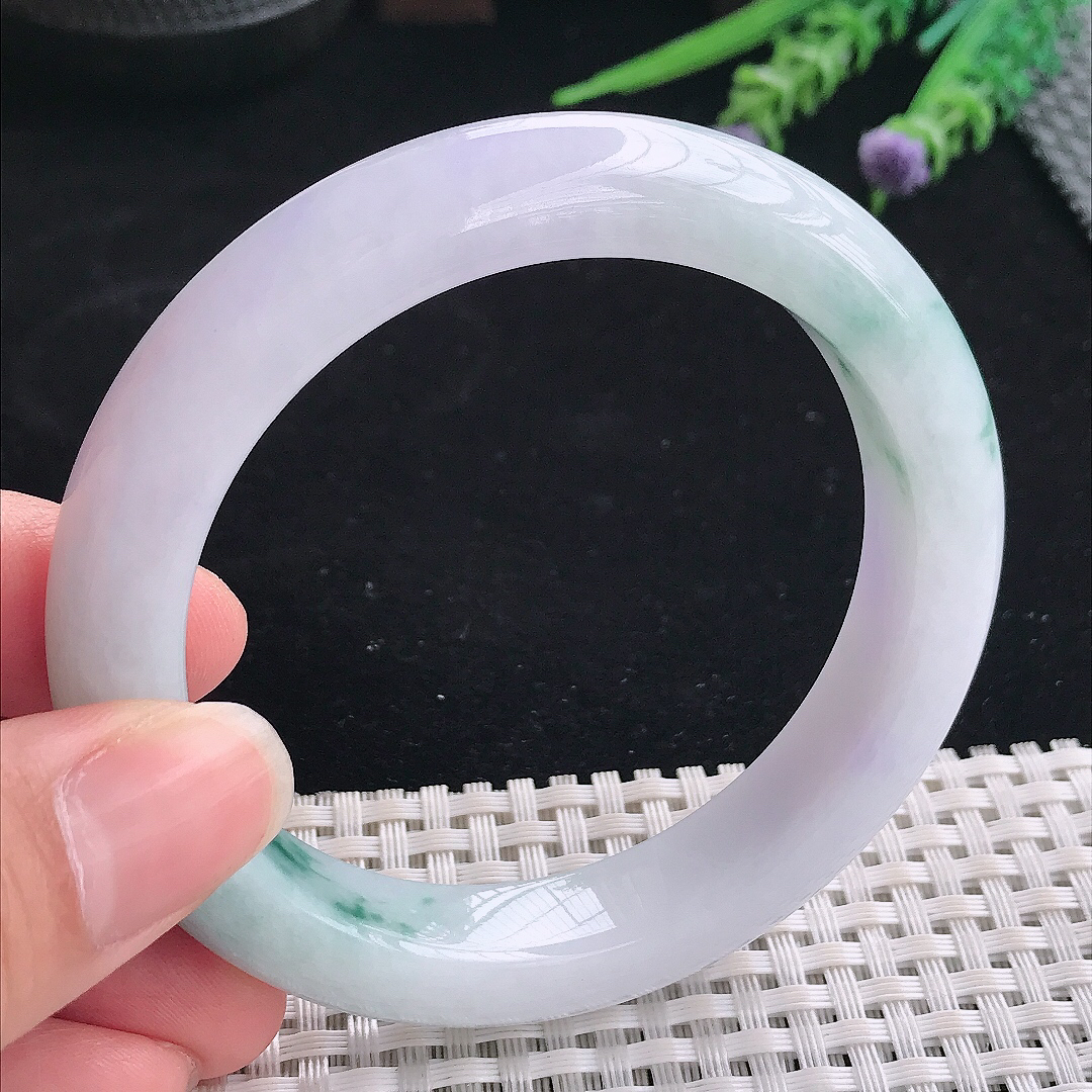 实拍A货翡翠57.8/11.8/9.5老坑精美温润紫罗兰飘花手镯翡翠宽边玉镯平安镯