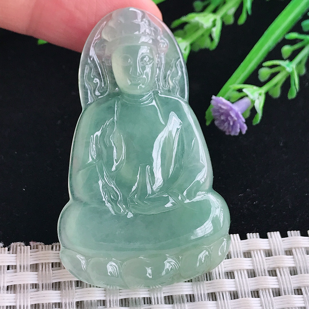 实拍A货翡翠53.7/33.2/5.6老坑冰种果冻冰晴绿素衣观音吊坠翡翠玉牌