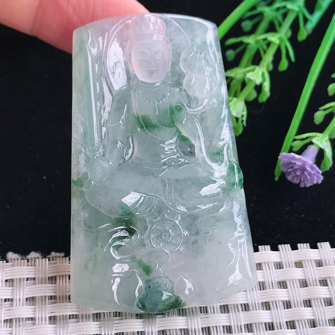 实拍A货翡翠57.2/36.3/6.1老坑冰透起胶冰飘花虚空藏菩萨吊坠翡翠玉牌